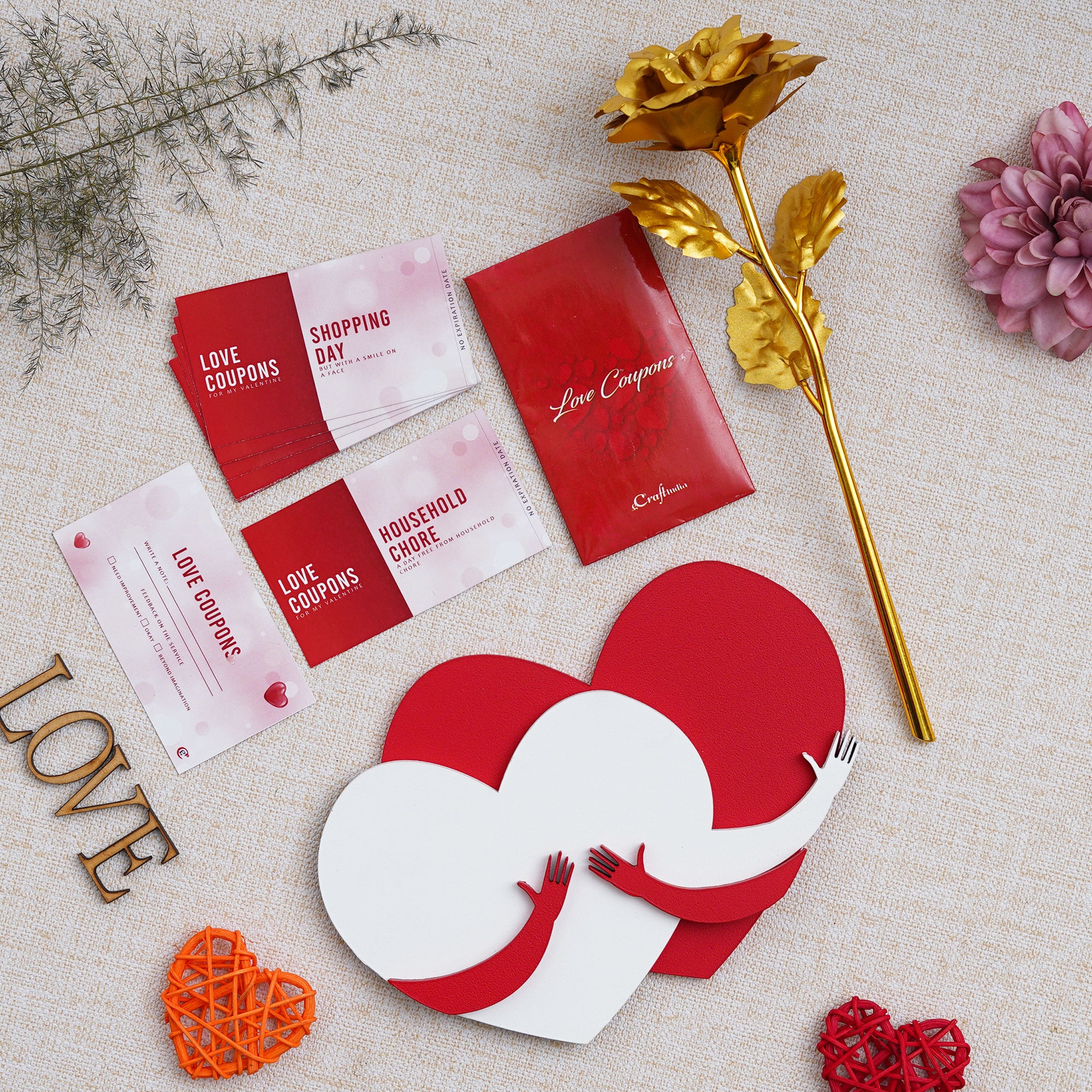Valentine Combo of Pack of 12 Love Coupons Gift Cards Set, Golden Rose Gift Set, Red and White Heart Hugging Each Other Gift Set