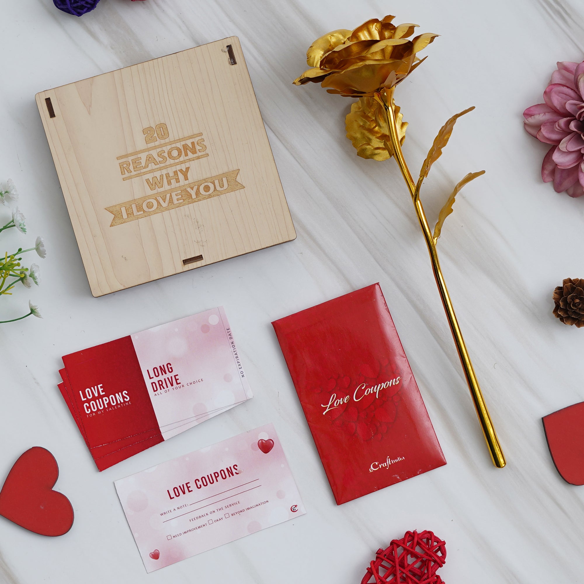 Valentine Combo of Pack of 12 Love Coupons Gift Cards Set, Golden Rose Gift Set, "20 Reasons Why I Love You" Printed on Little Hearts Wooden Gift Set