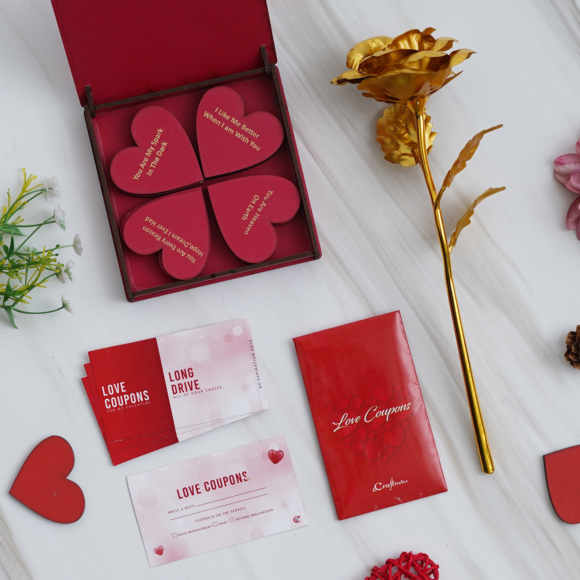 Valentine Combo of Pack of 12 Love Coupons Gift Cards Set, Golden Rose Gift Set, "20 Reasons Why I Love You" Printed on Little Red Hearts Decorative Wooden Gift Set Box