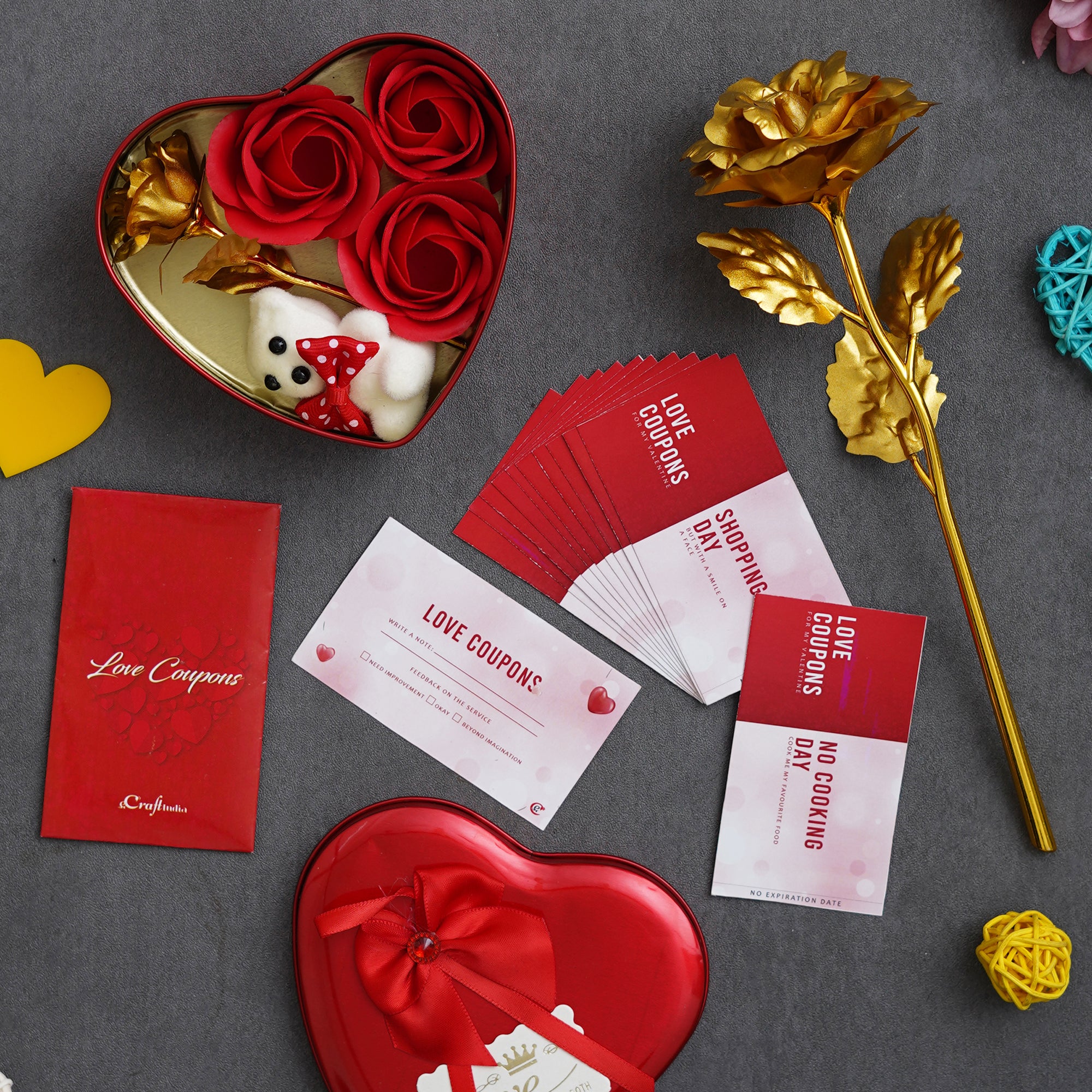 Valentine Combo of Pack of 12 Love Coupons Gift Cards Set, Golden Rose Gift Set, Red Heart Shaped Gift Box