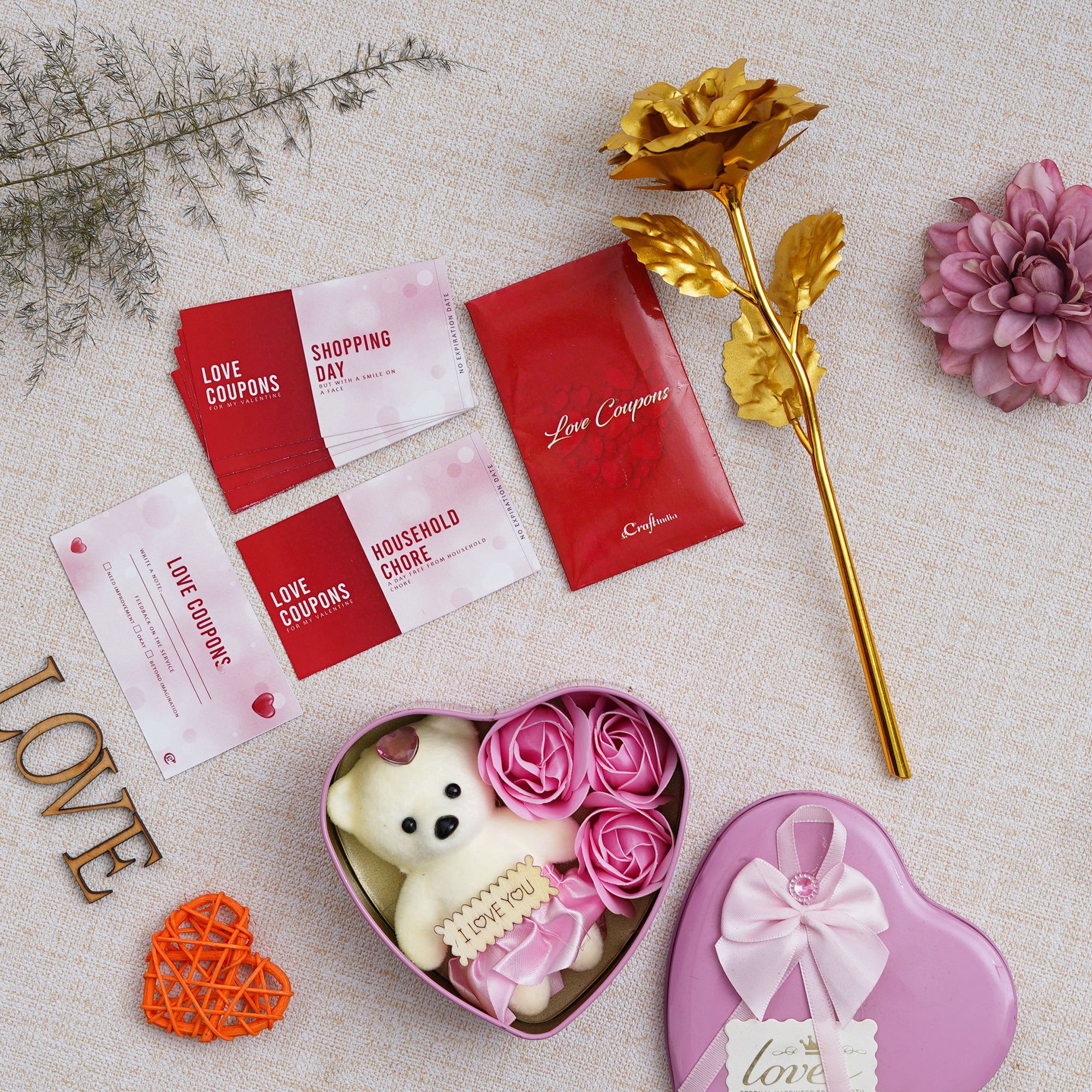 Valentine Combo of Pack of 12 Love Coupons Gift Cards Set, Golden Rose Gift Set, Pink Heart Shaped Gift Box with Teddy and Roses