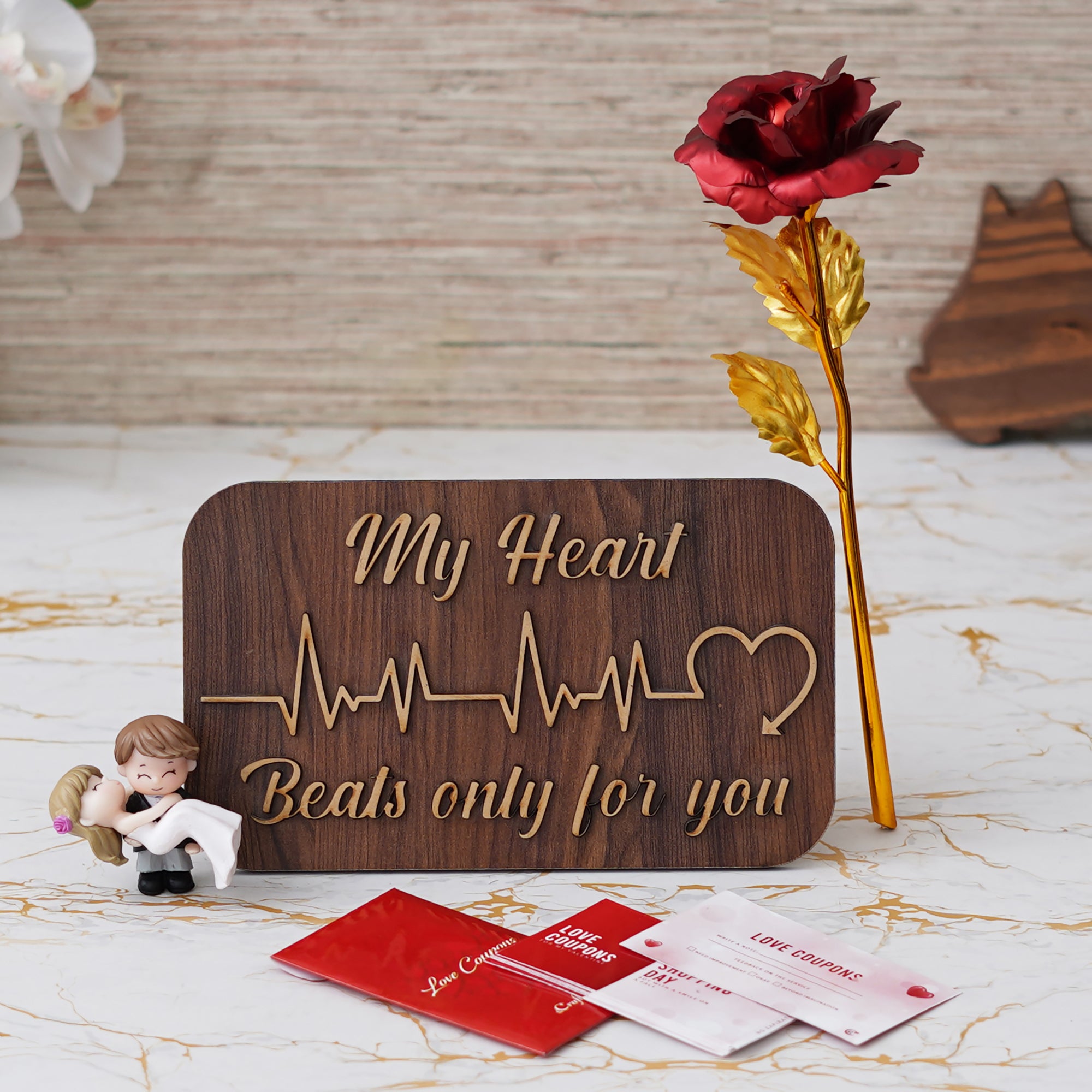 Valentine Combo of Pack of 12 Love Coupons Gift Cards Set, Golden Red Rose Gift Set, "My Heart Beats Only For You" Wooden Showpiece With Stand, Bride Kissing Groom Romantic Polyresin Decorative Showpiece