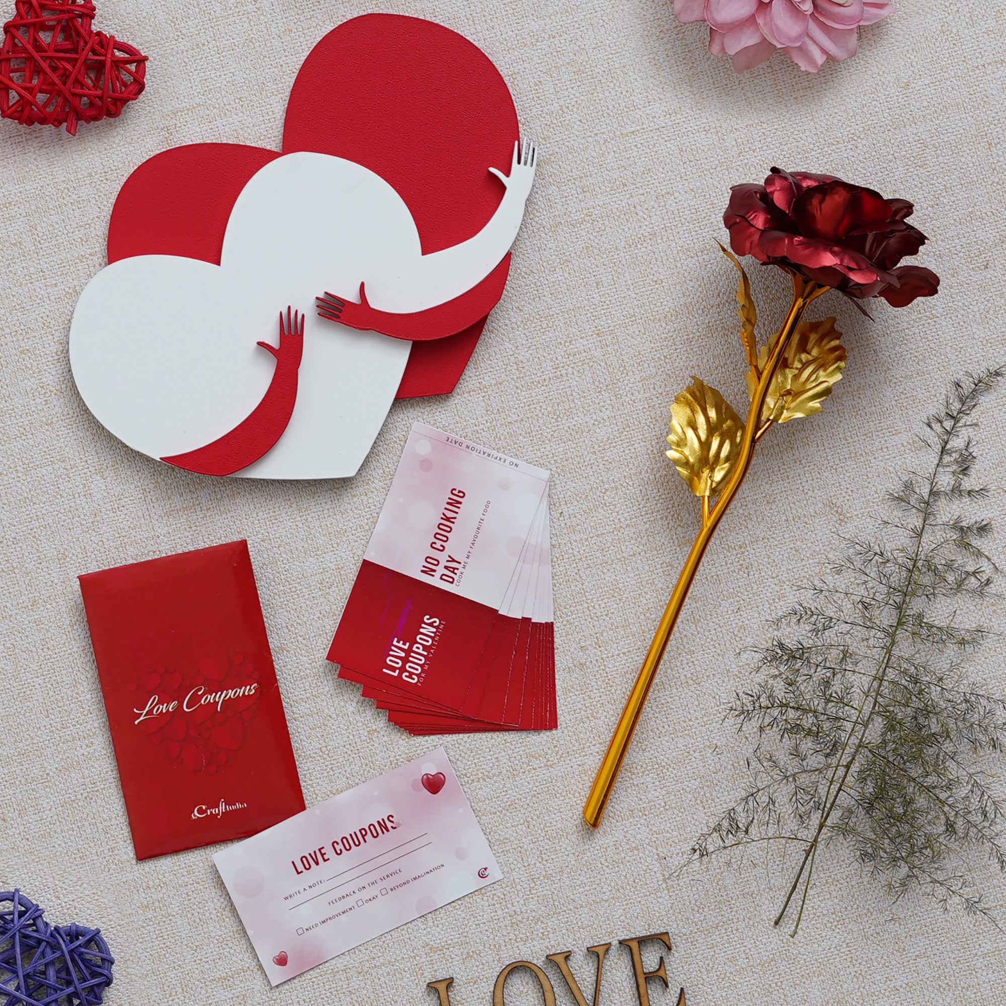 Valentine Combo of Pack of 12 Love Coupons Gift Cards Set, Golden Red Rose Gift Set, Red and White Heart Hugging Each Other Gift Set