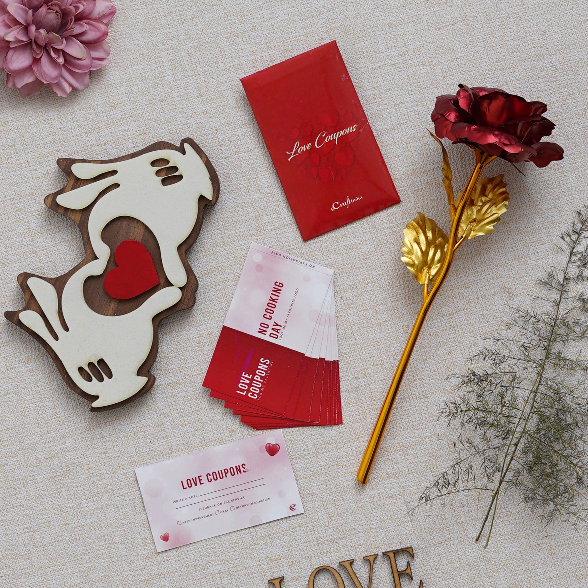 Valentine Combo of Pack of 12 Love Coupons Gift Cards Set, Golden Red Rose Gift Set, Hands Showcasing Red Heart Gift Set
