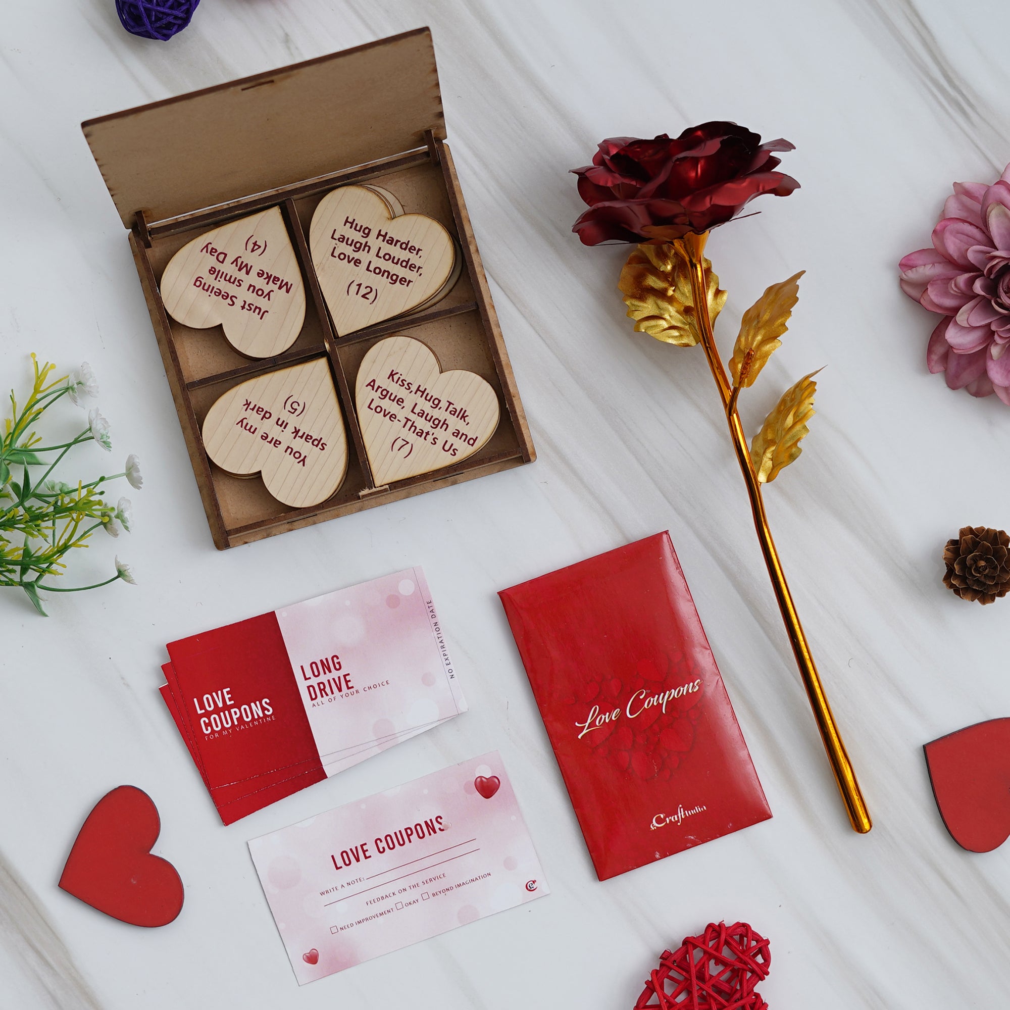 Valentine Combo of Pack of 12 Love Coupons Gift Cards Set, Golden Red Rose Gift Set, "20 Reasons Why I Love You" Printed on Little Hearts Wooden Gift Set