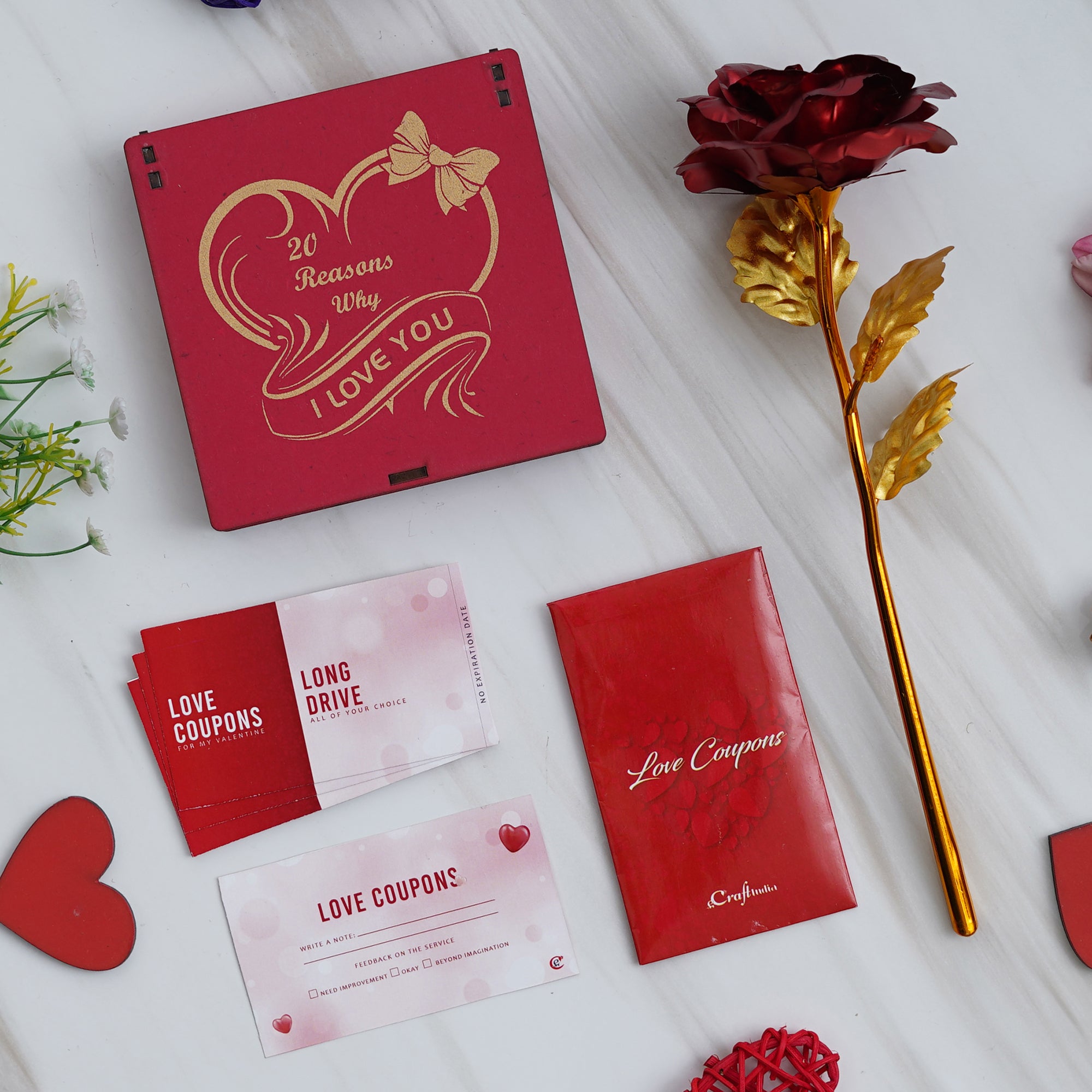 Valentine Combo of Pack of 12 Love Coupons Gift Cards Set, Golden Red Rose Gift Set, "20 Reasons Why I Love You" Printed on Little Red Hearts Decorative Wooden Gift Set Box