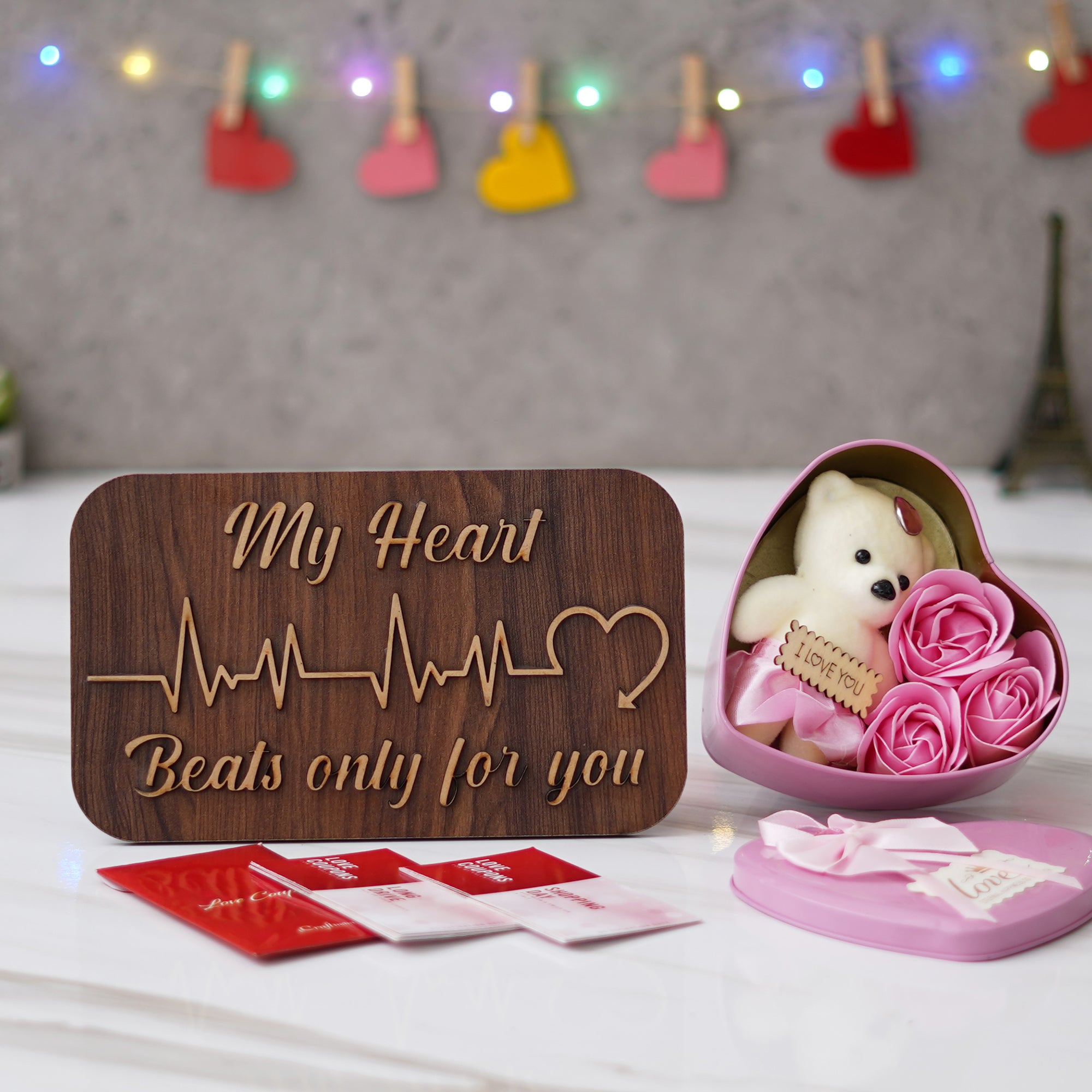 Valentine Combo of Pack of 12 Love Coupons Gift Cards Set, "My Heart Beats Only For You" Wooden Showpiece With Stand, Pink Heart Shaped Gift Box with Teddy and Roses