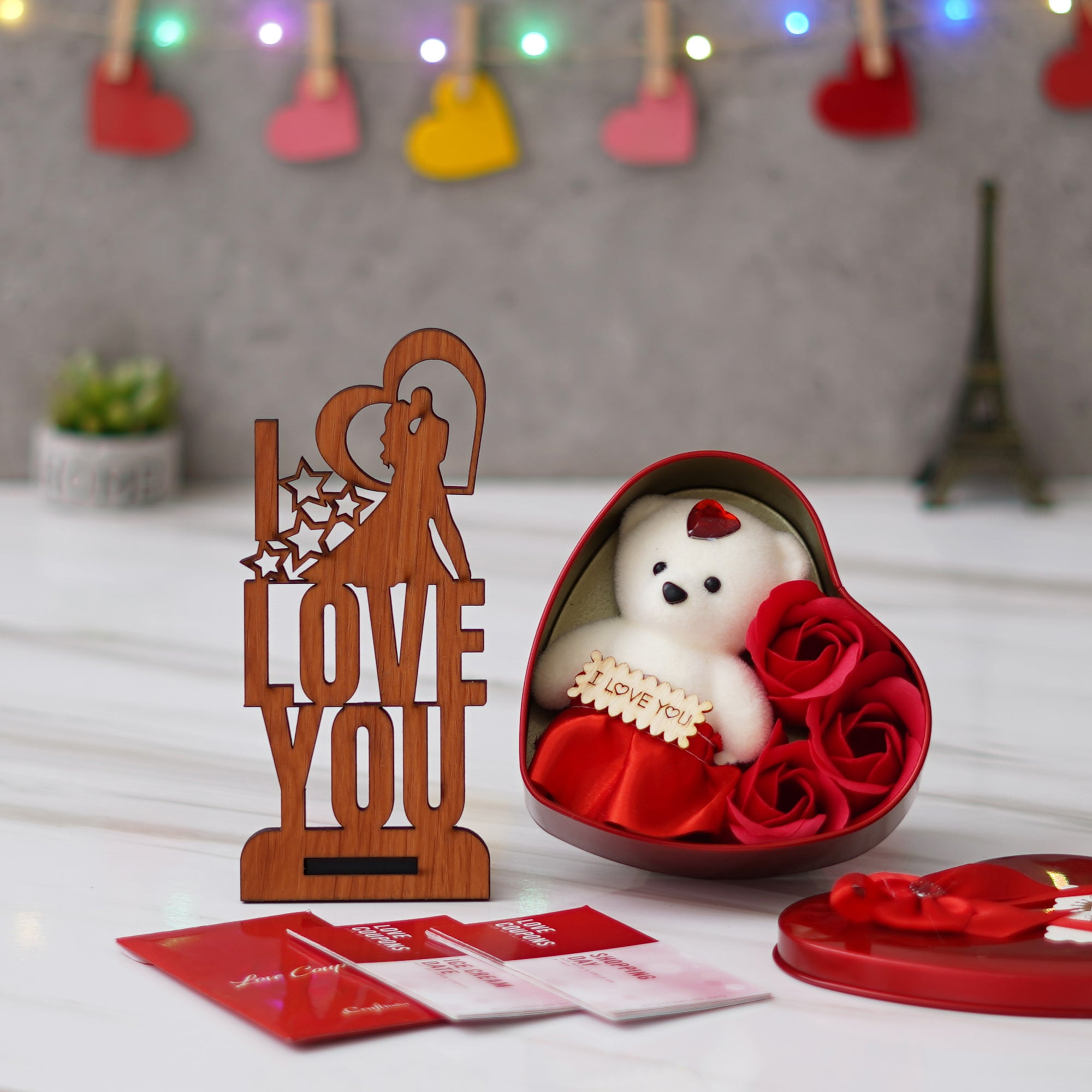 Valentine Combo of Pack of 12 Love Coupons Gift Cards Set, "Love You" Wooden Showpiece With Stand, Heart Shaped Gift Box Set with White Teddy and Red Roses