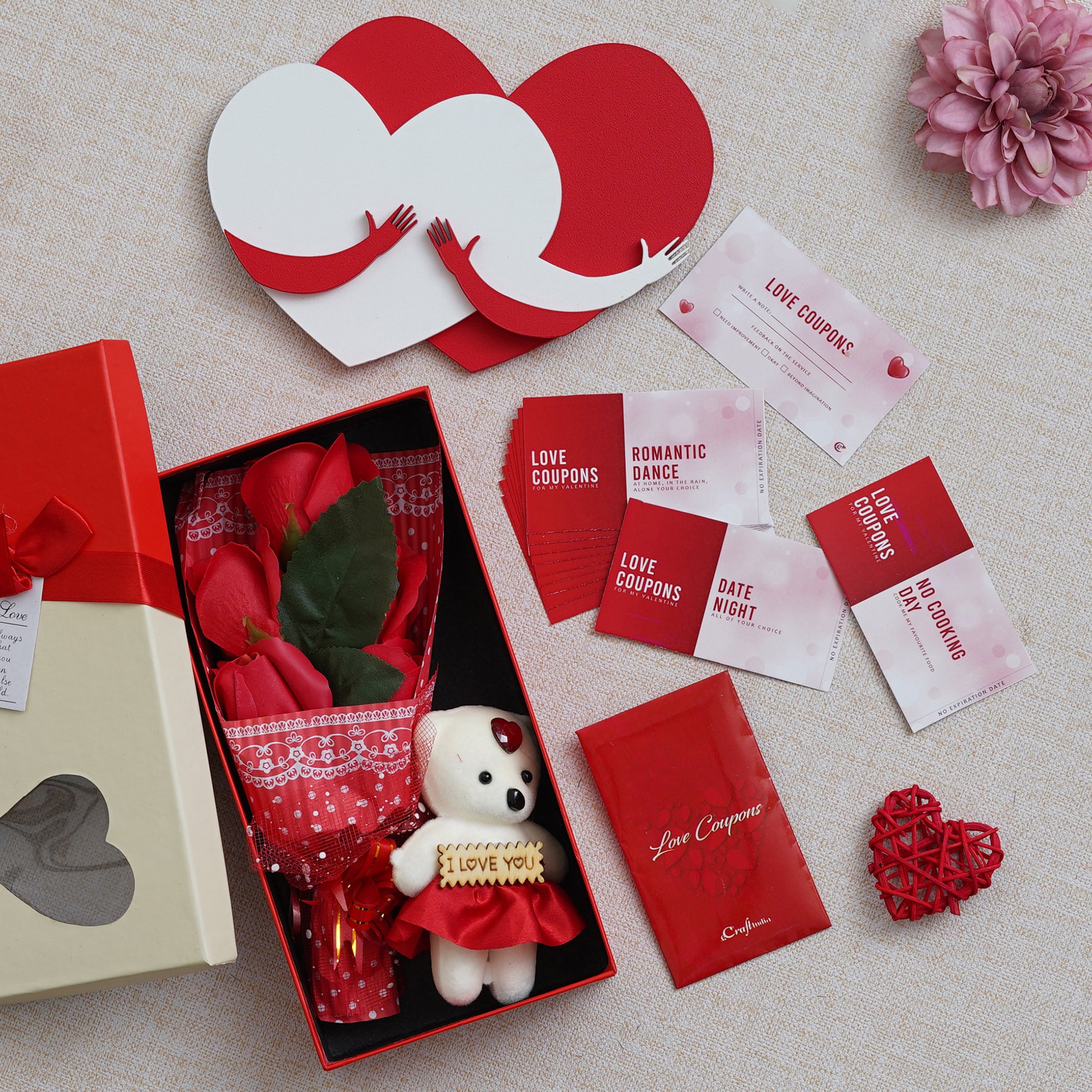 Valentine Combo of Pack of 12 Love Coupons Gift Cards Set, Red and White Heart Hugging Each Other Gift Set, Red Roses Bouquet and White, Red Teddy Bear Valentine's Rectangle Shaped Gift Box