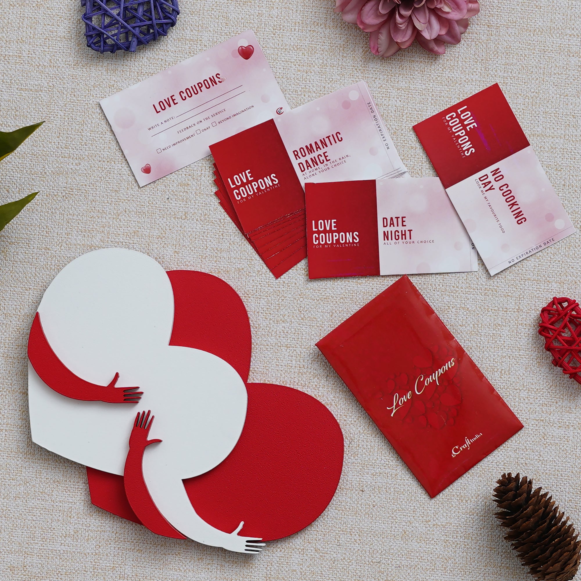 Valentine Combo of Pack of 12 Love Coupons Gift Cards Set, Red and White Heart Hugging Each Other Gift Set