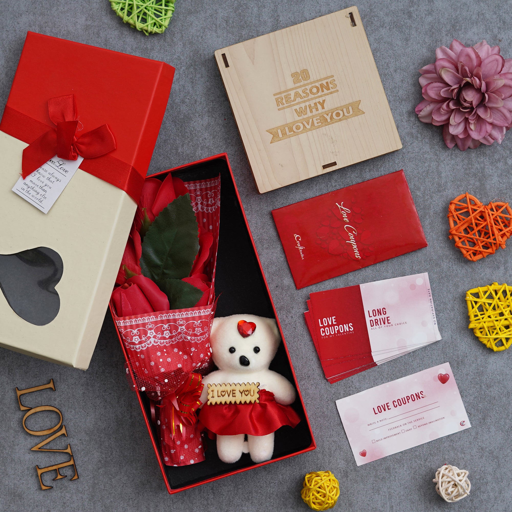 Valentine Combo of Pack of 12 Love Coupons Gift Cards Set, "20 Reasons Why I Love You" Printed on Little Hearts Wooden Gift Set, Red Roses Bouquet and White, Red Teddy Bear Valentine's Rectangle Shaped Gift Box