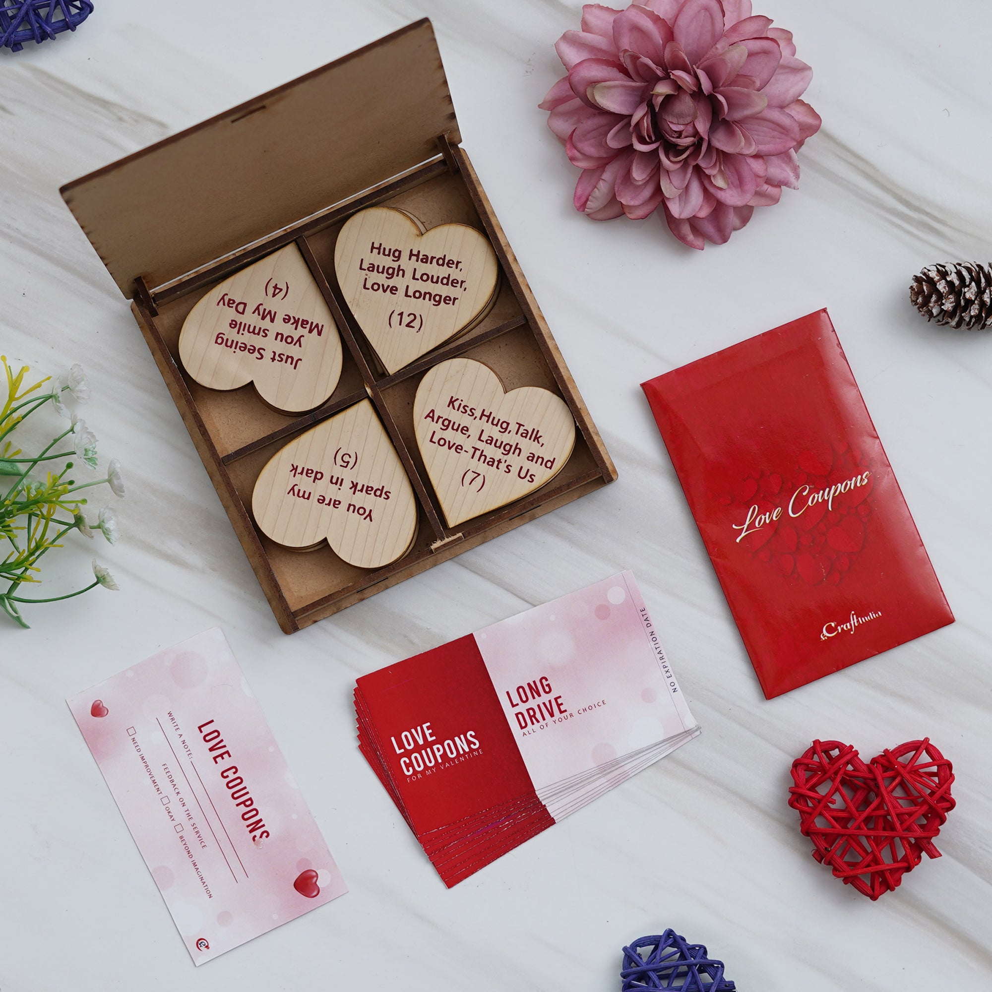 Valentine Combo of Pack of 12 Love Coupons Gift Cards Set, "20 Reasons Why I Love You" Printed on Little Hearts Wooden Gift Set