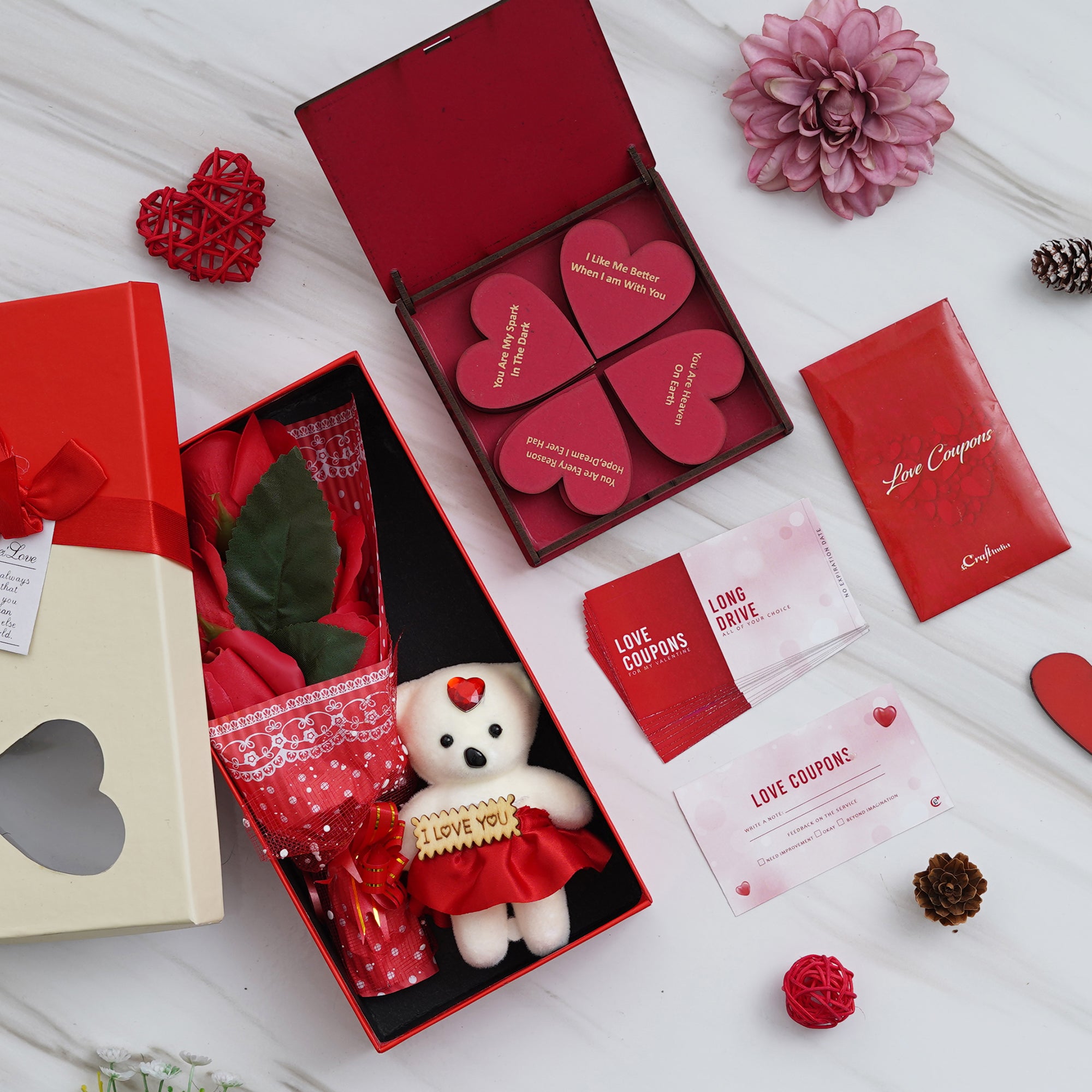 Valentine Combo of Pack of 12 Love Coupons Gift Cards Set, "20 Reasons Why I Love You" Printed on Little Red Hearts Decorative Wooden Gift Set Box, Red Roses Bouquet and White, Red Teddy Bear Valentine's Rectangle Shaped Gift Box
