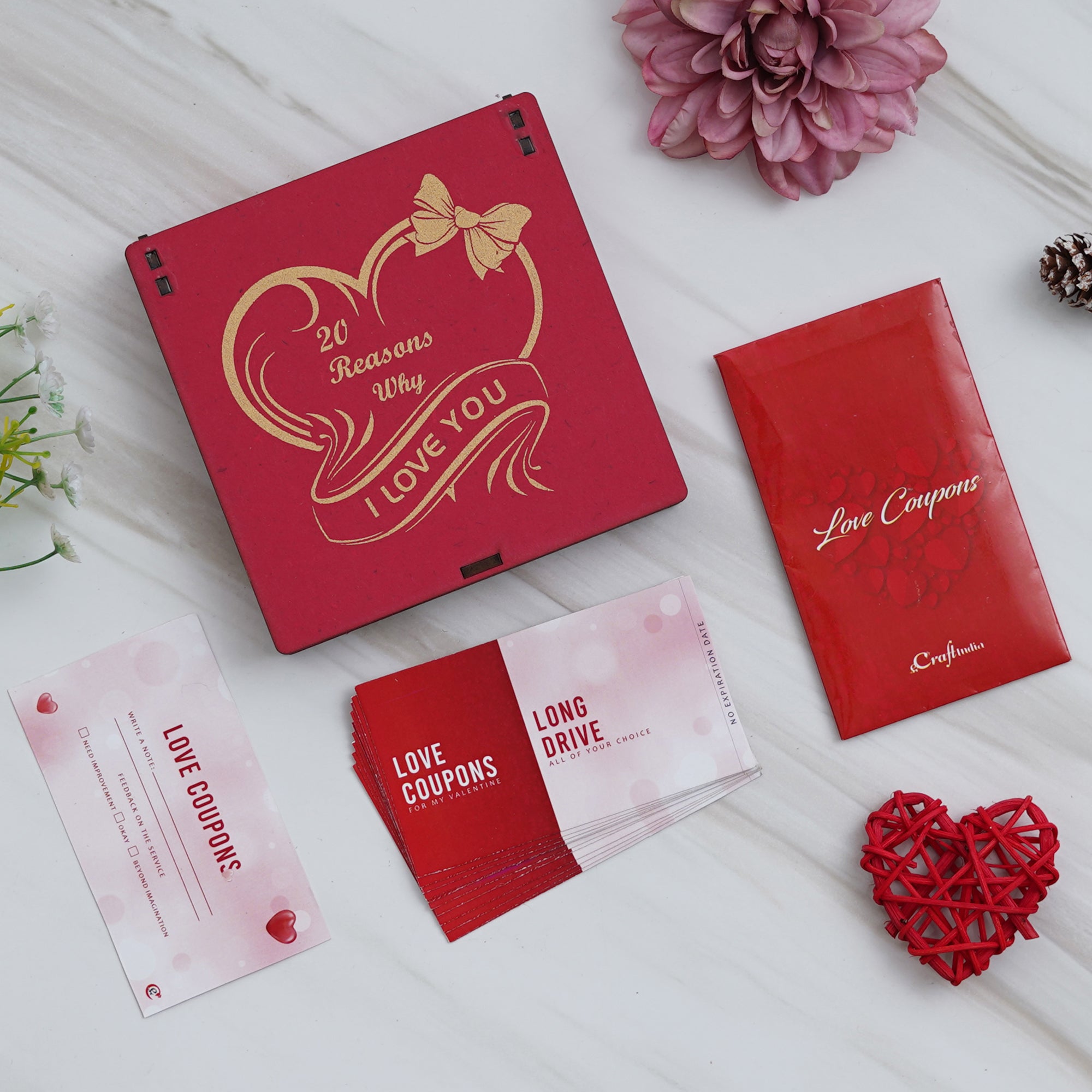 Valentine Combo of Pack of 12 Love Coupons Gift Cards Set, "20 Reasons Why I Love You" Printed on Little Red Hearts Decorative Wooden Gift Set Box