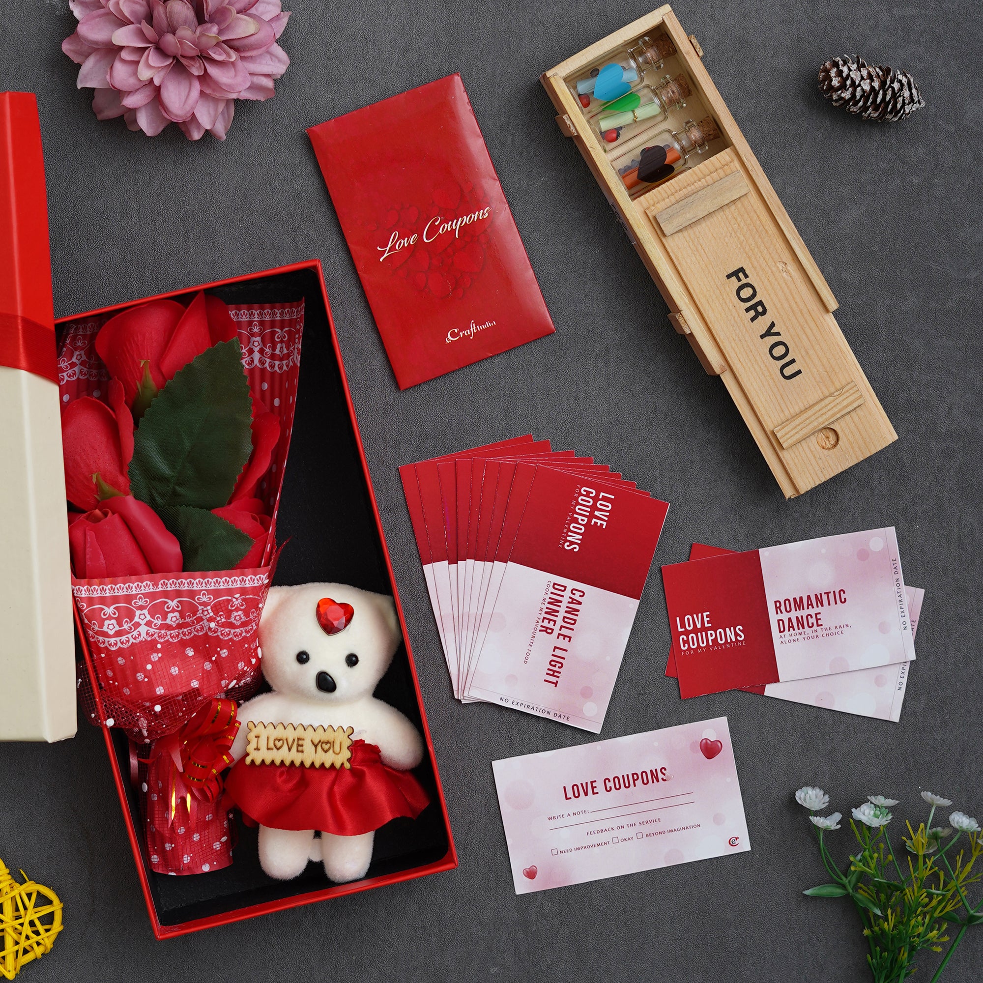 Valentine Combo of Pack of 12 Love Coupons Gift Cards Set, Red Roses Bouquet and White, Red Teddy Bear Valentine's Rectangle Shaped Gift Box, Wooden Box "For You" Message Bottle Set