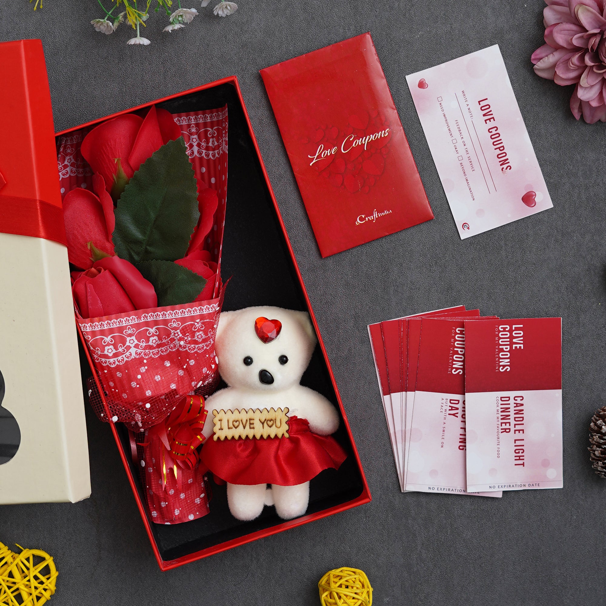 Valentine Combo of Pack of 12 Love Coupons Gift Cards Set, Red Roses Bouquet and White, Red Teddy Bear Valentine's Rectangle Shaped Gift Box