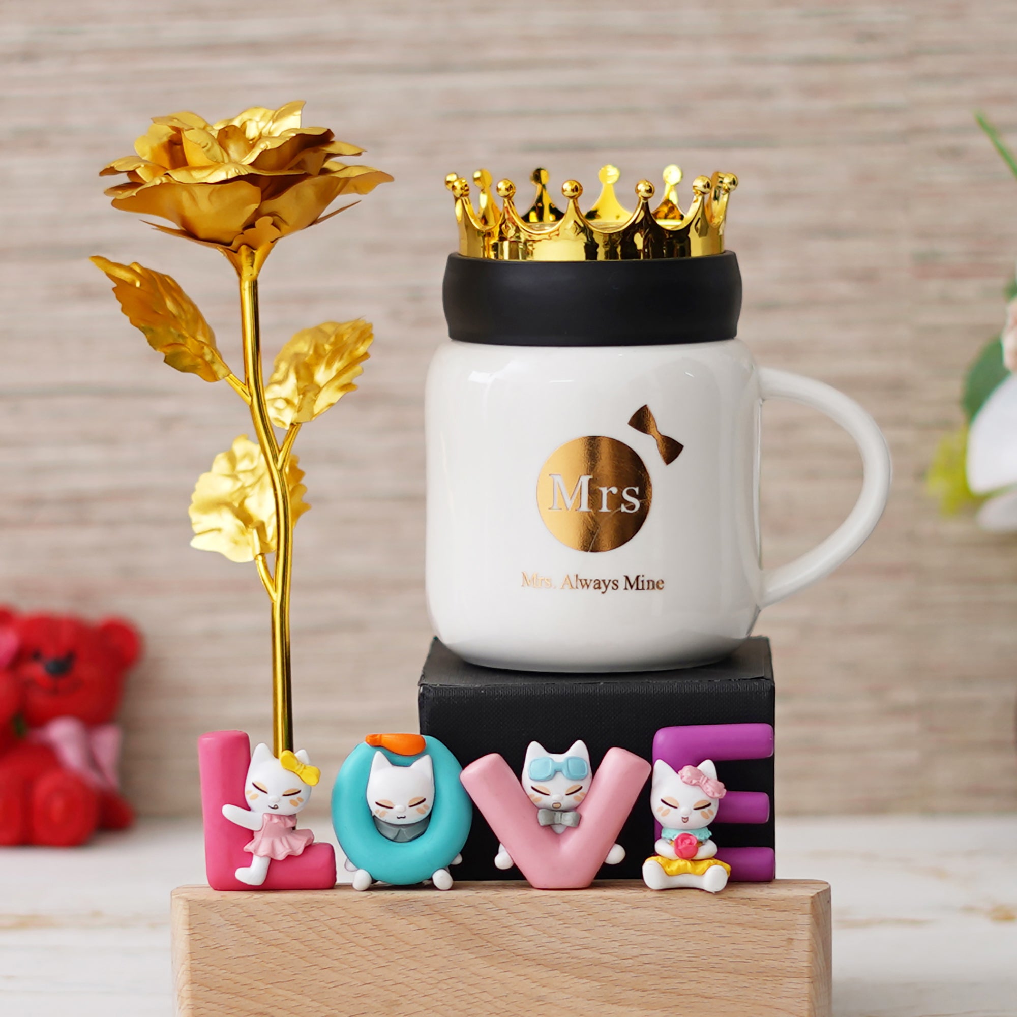 Valentine Combo of "Mrs. Always Mine" Printed Ceramic White Mug, Golden Rose Gift Set, "Love" Animated Characters Showpiece