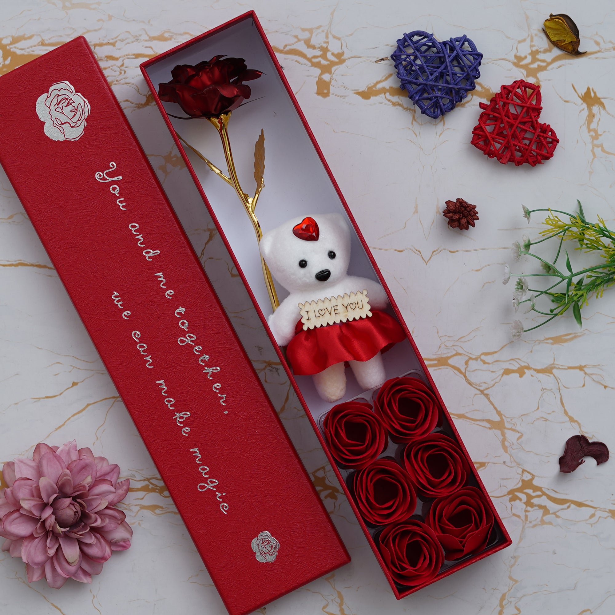 Red Valentine Gift Box with Teddy, Red Flower and 6 Roses 1