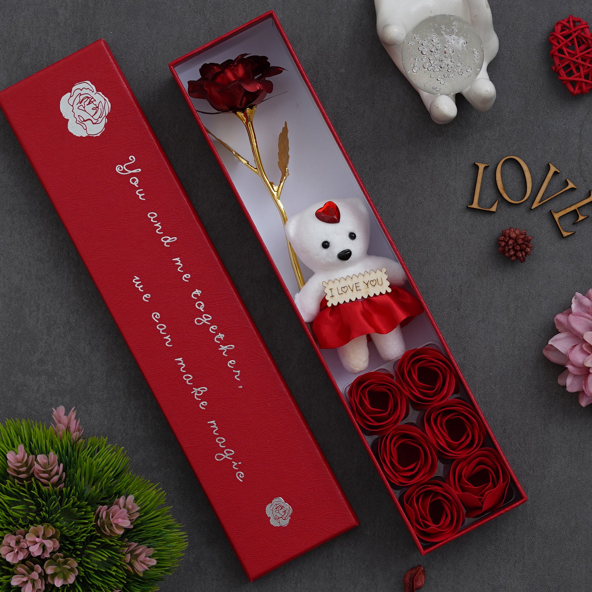 Red Valentine Gift Box with Teddy, Red Flower and 6 Roses