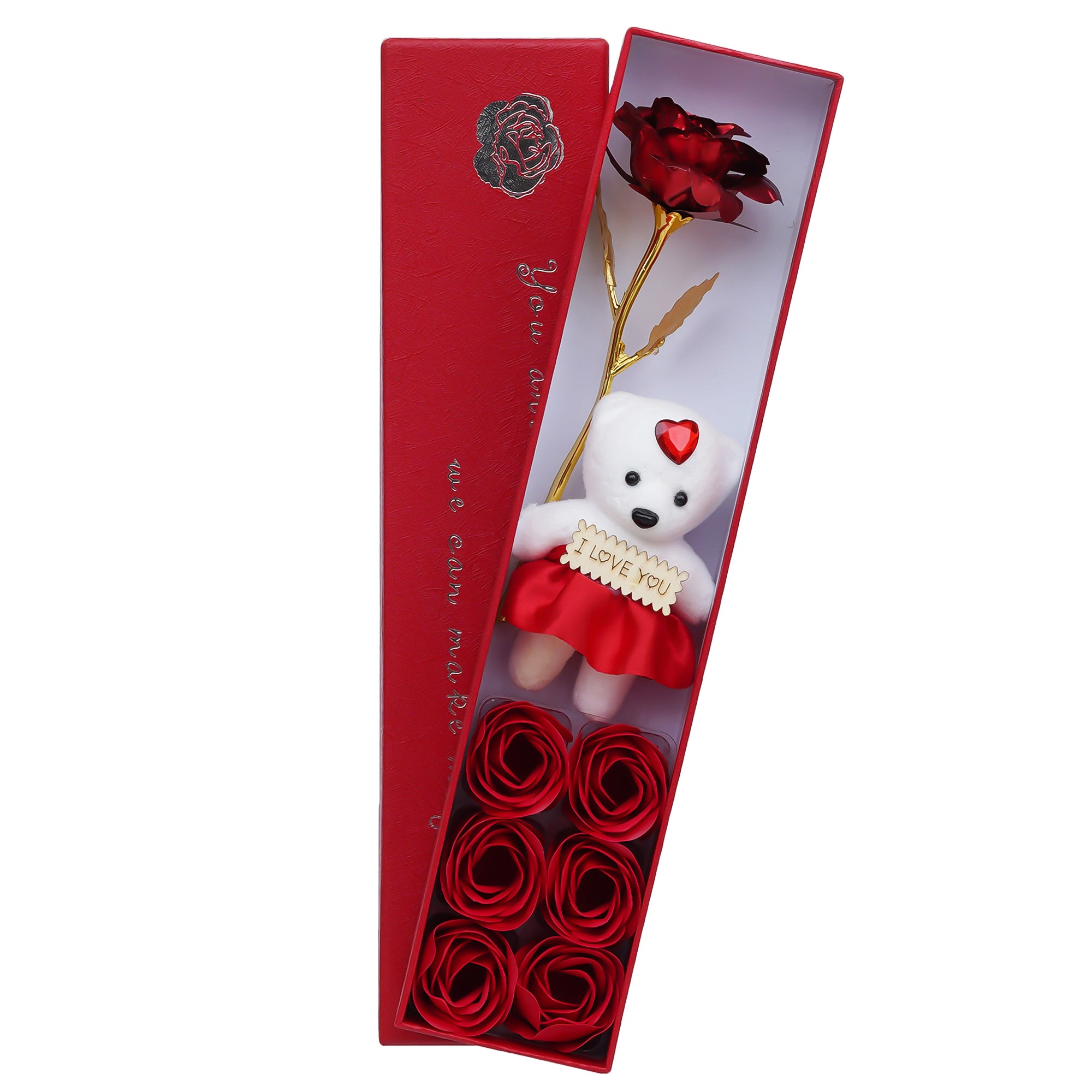 Red Valentine Gift Box with Teddy, Red Flower and 6 Roses 2