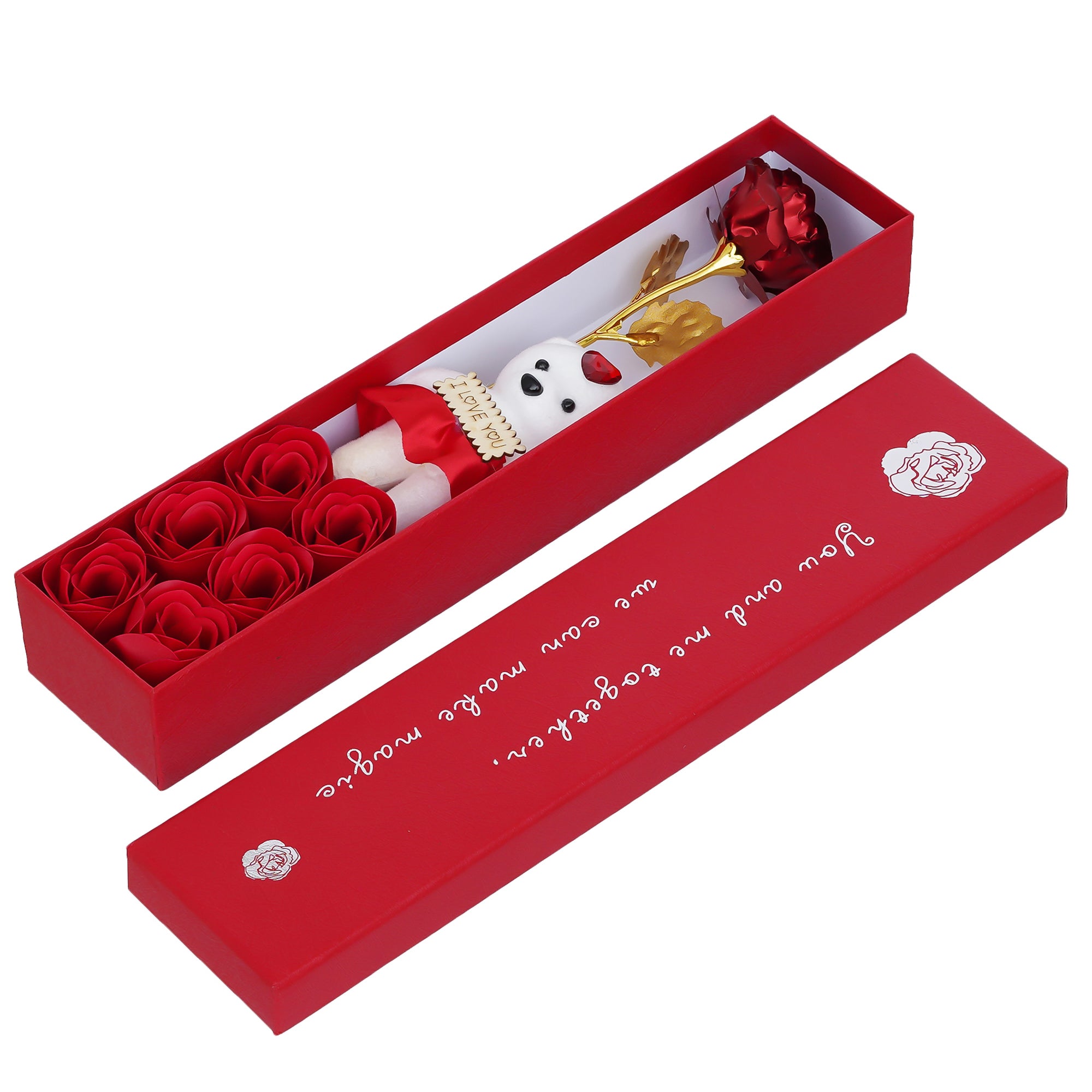 Red Valentine Gift Box with Teddy, Red Flower and 6 Roses 4