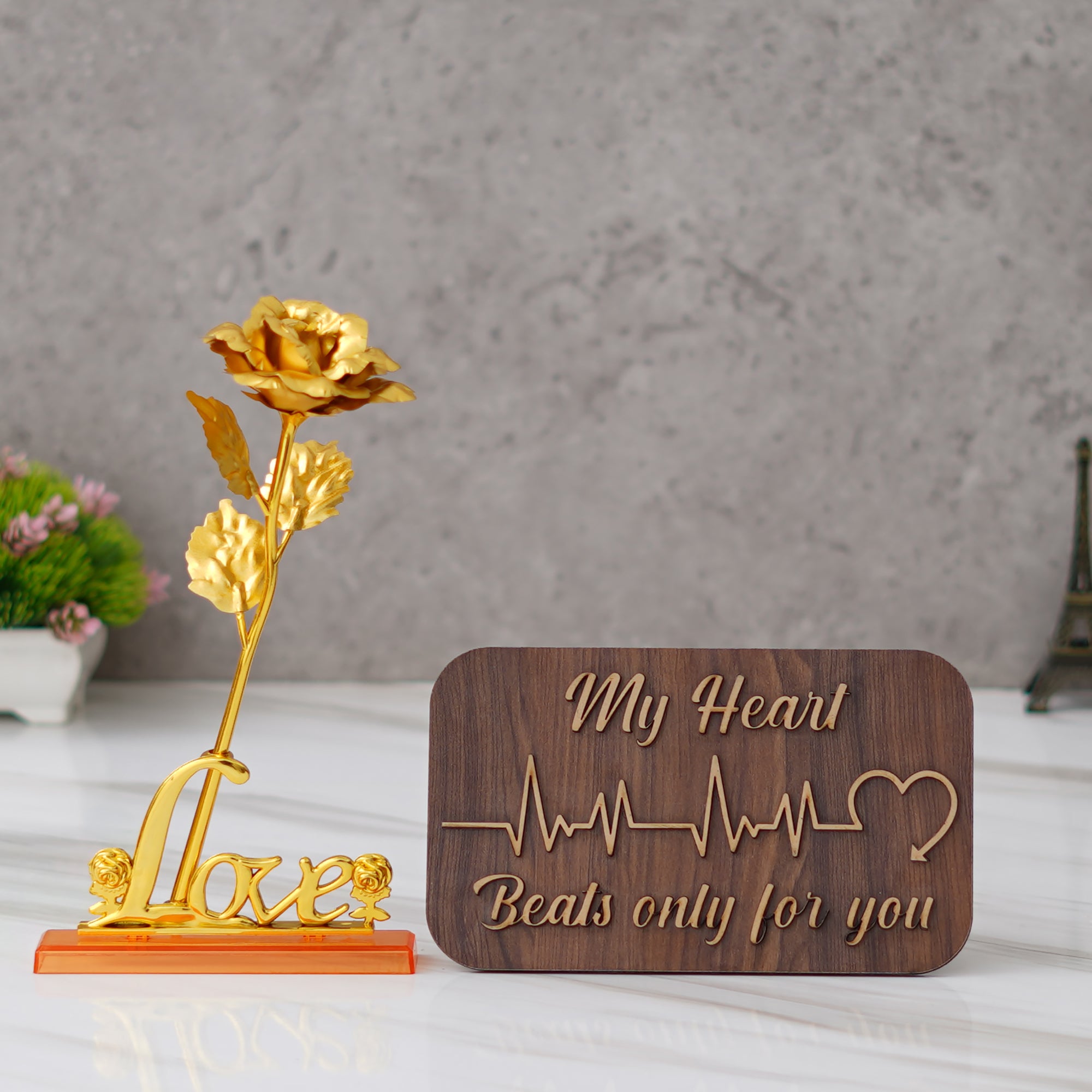 Valentine Combo of Love Golden Rose Table Decor Gift Set Showpiece, "My Heart Beats Only For You" Wooden Showpiece With Stand