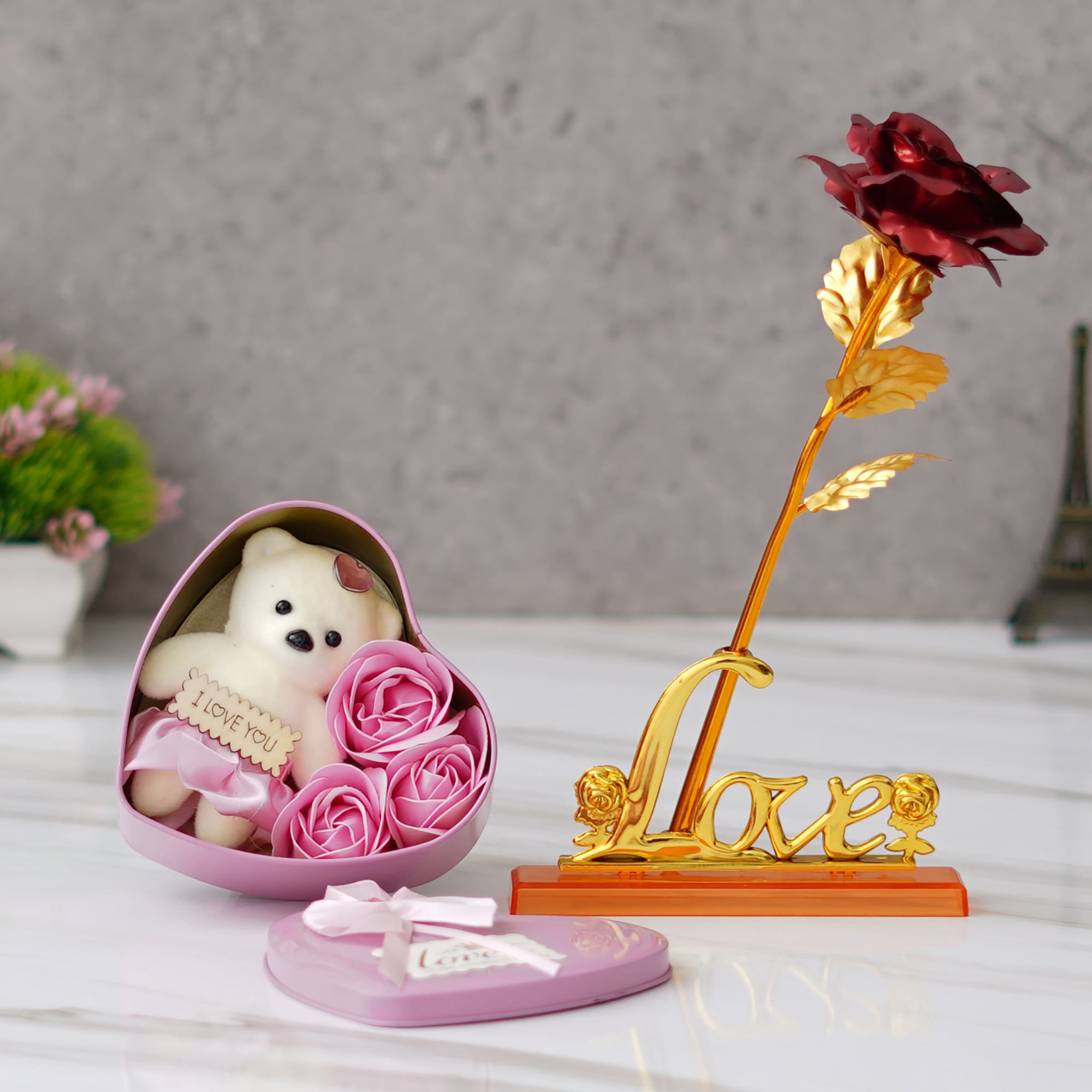 Valentine Combo of Love Golden Red Rose Table Decor Gift Set Showpiece, Pink Heart Shaped Gift Box with Teddy and Roses