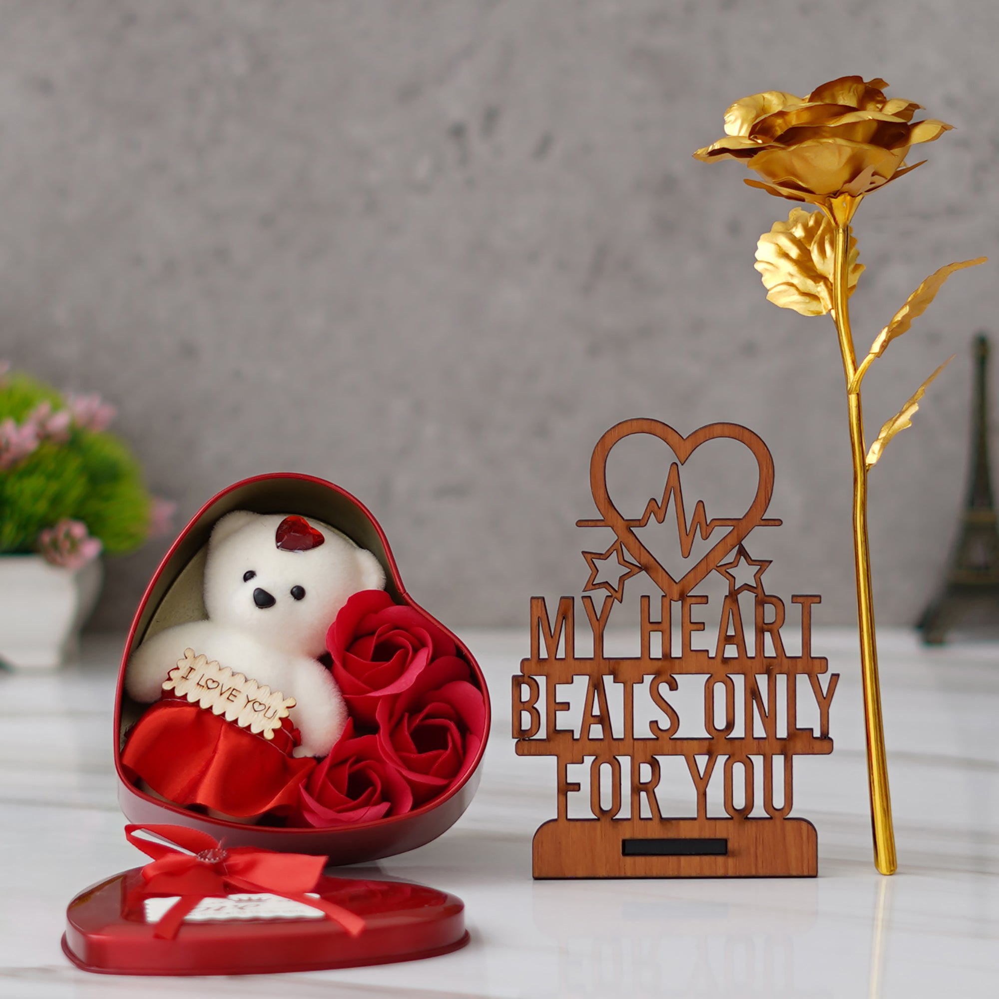 Valentine Combo of Golden Rose Gift Set, "My Heart Beats Only For You" Wooden Showpiece With Stand, Heart Shaped Gift Box Set with White Teddy and Red Roses