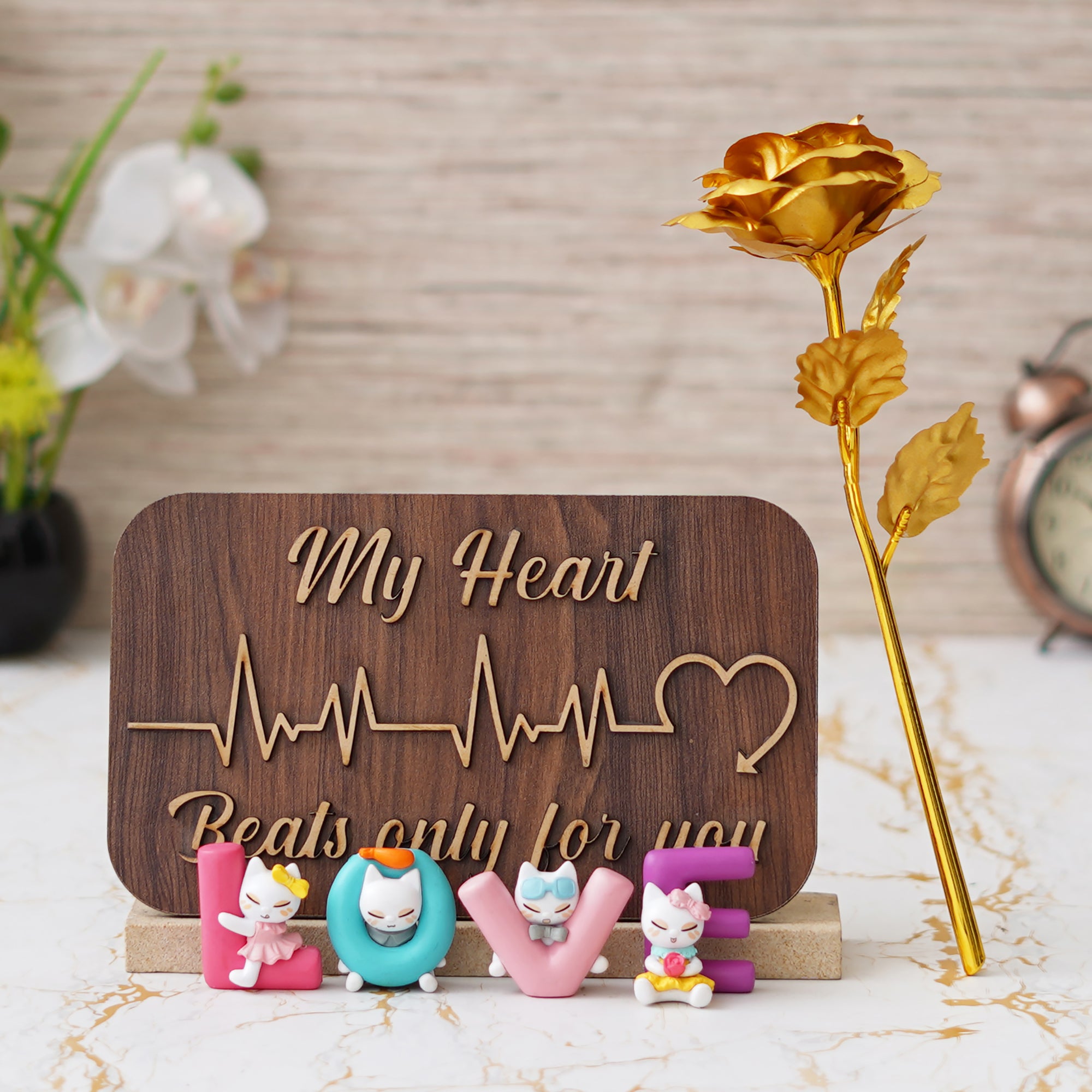 Valentine Combo of Golden Rose Gift Set, "My Heart Beats Only For You" Wooden Showpiece With Stand, "Love" Animated Characters Showpiece