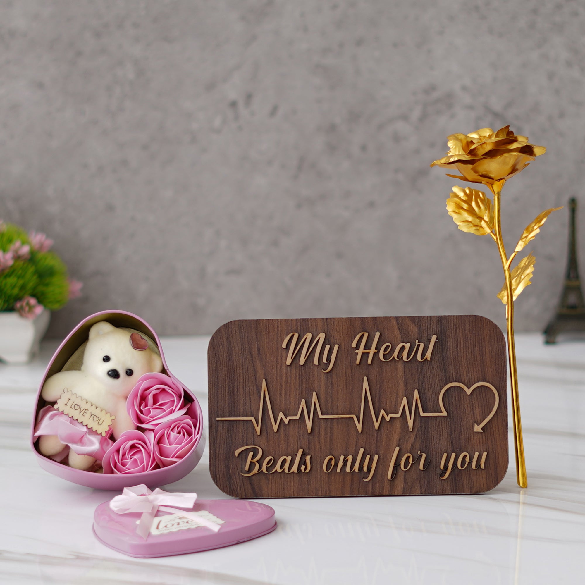 Valentine Combo of Golden Rose Gift Set, "My Heart Beats Only For You" Wooden Showpiece With Stand, Pink Heart Shaped Gift Box with Teddy and Roses