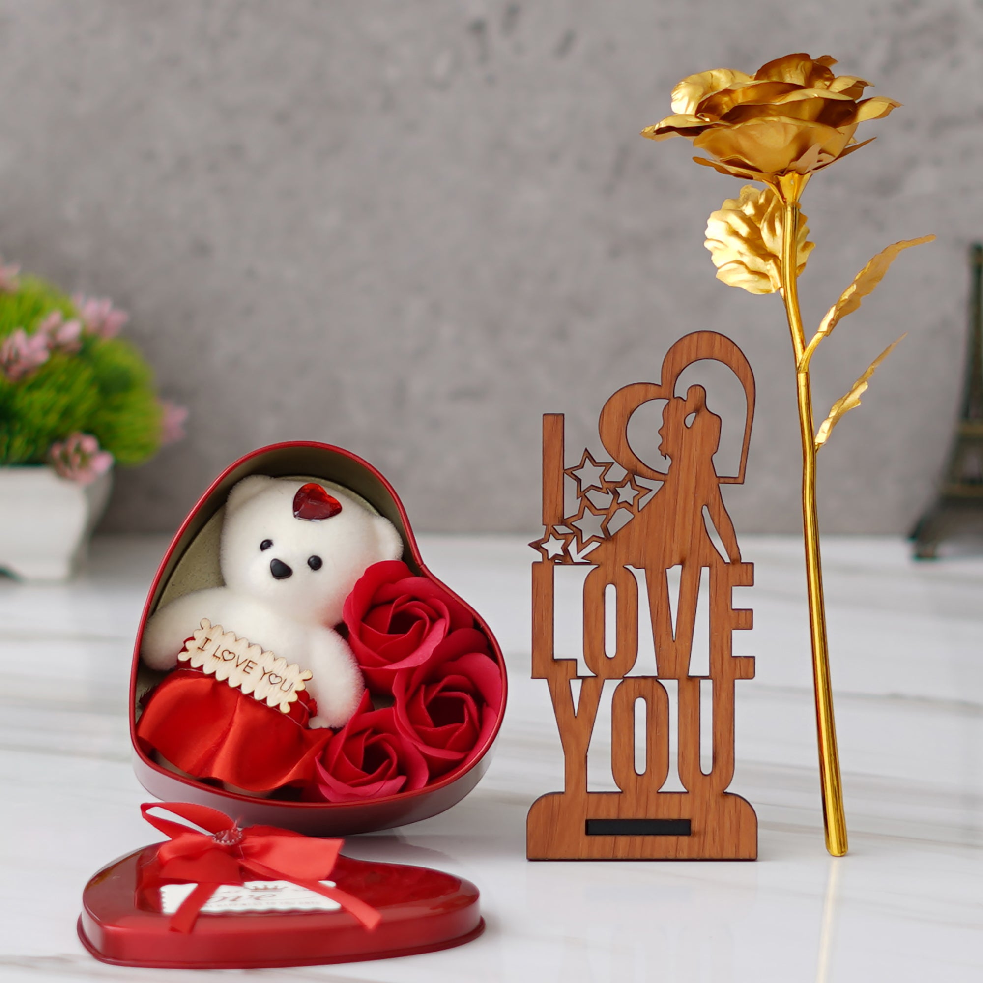 Valentine Combo of Golden Rose Gift Set, "Love You" Wooden Showpiece With Stand, Heart Shaped Gift Box Set with White Teddy and Red Roses