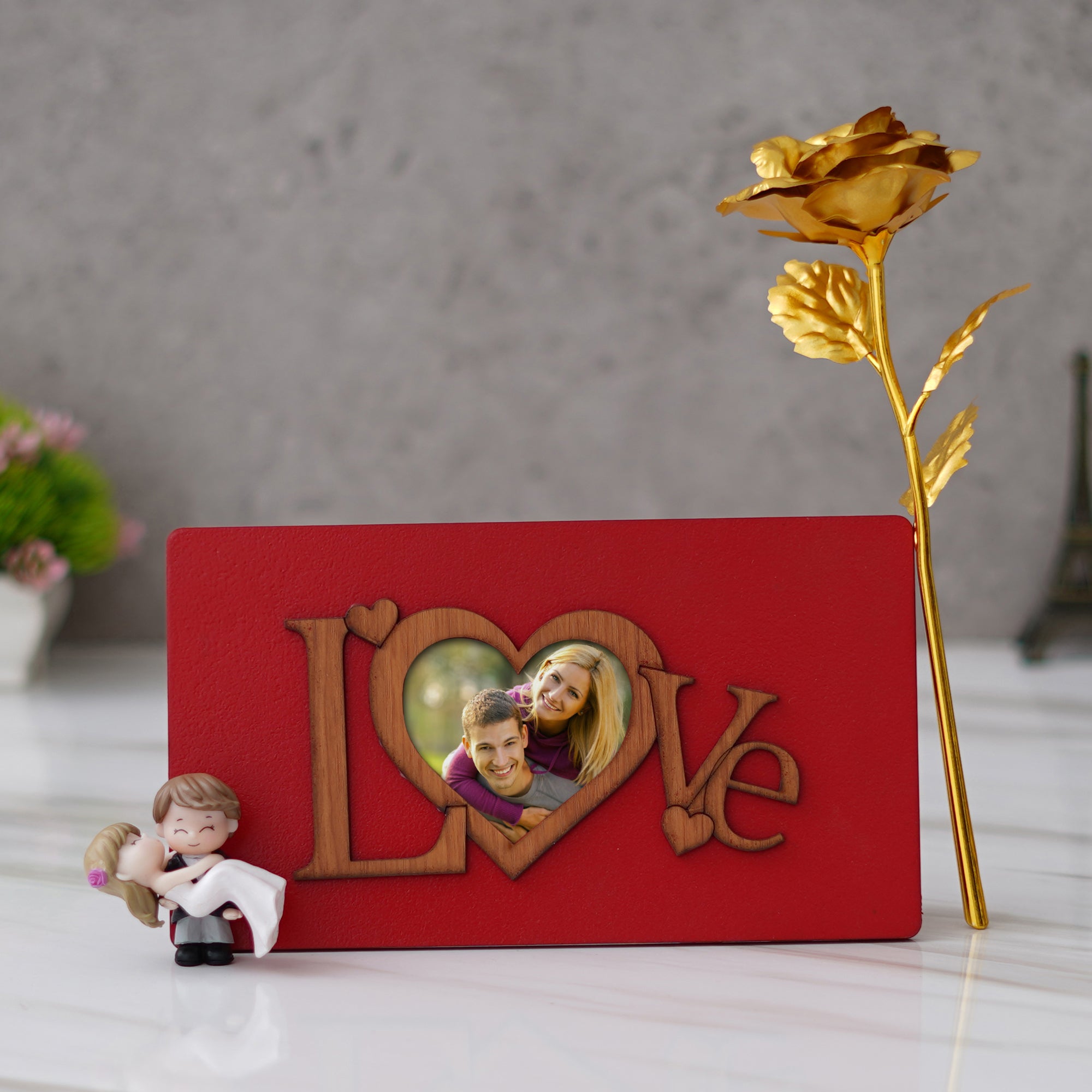 Valentine Combo of Golden Rose Gift Set, "Love" Wooden Photo Frame With Red Stand, Bride Kissing Groom Romantic Polyresin Decorative Showpiece
