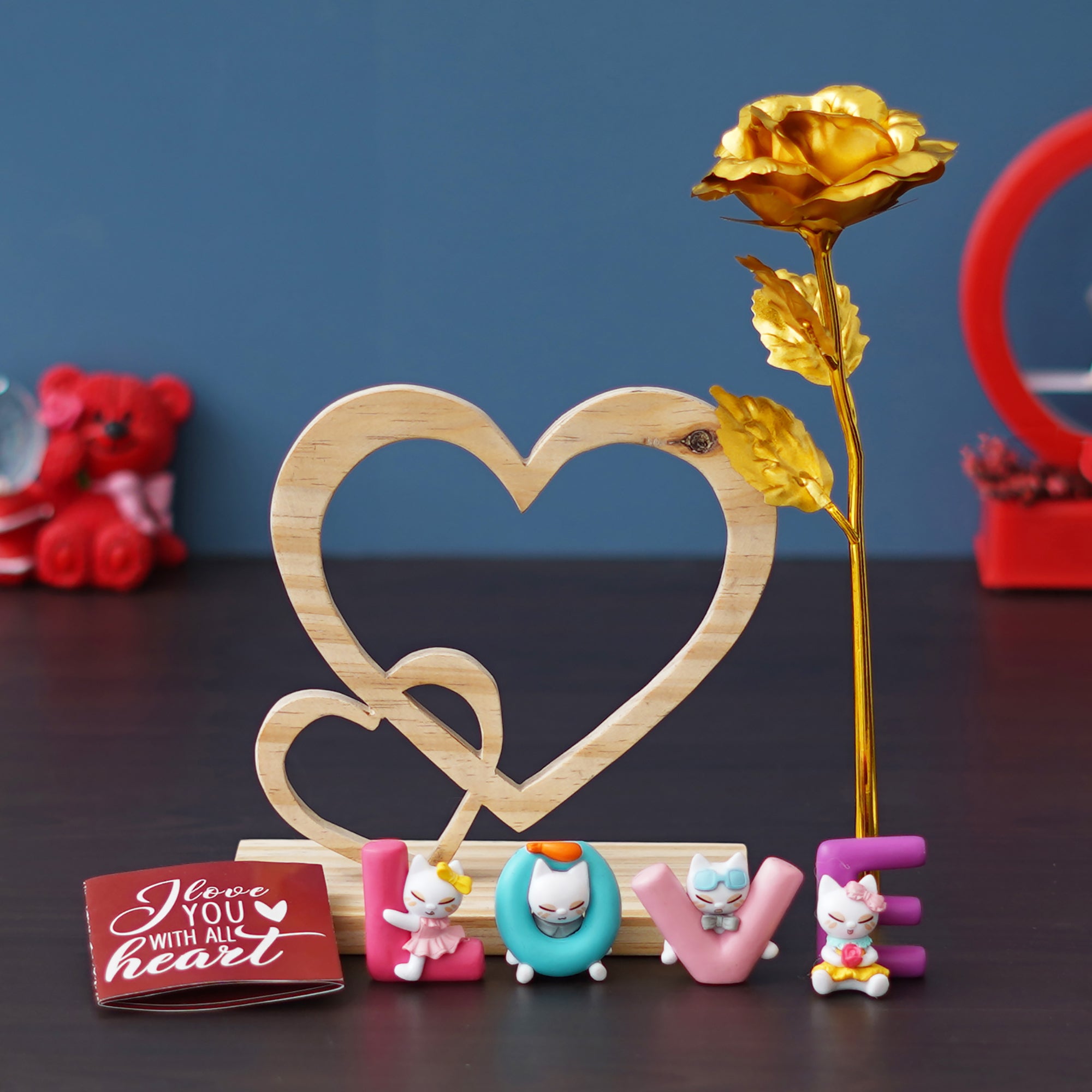 Valentine Combo of Golden Rose Gift Set, 2 Hearts Wooden Brown Showpiece With Stand, "Love" Animated Characters Showpiece