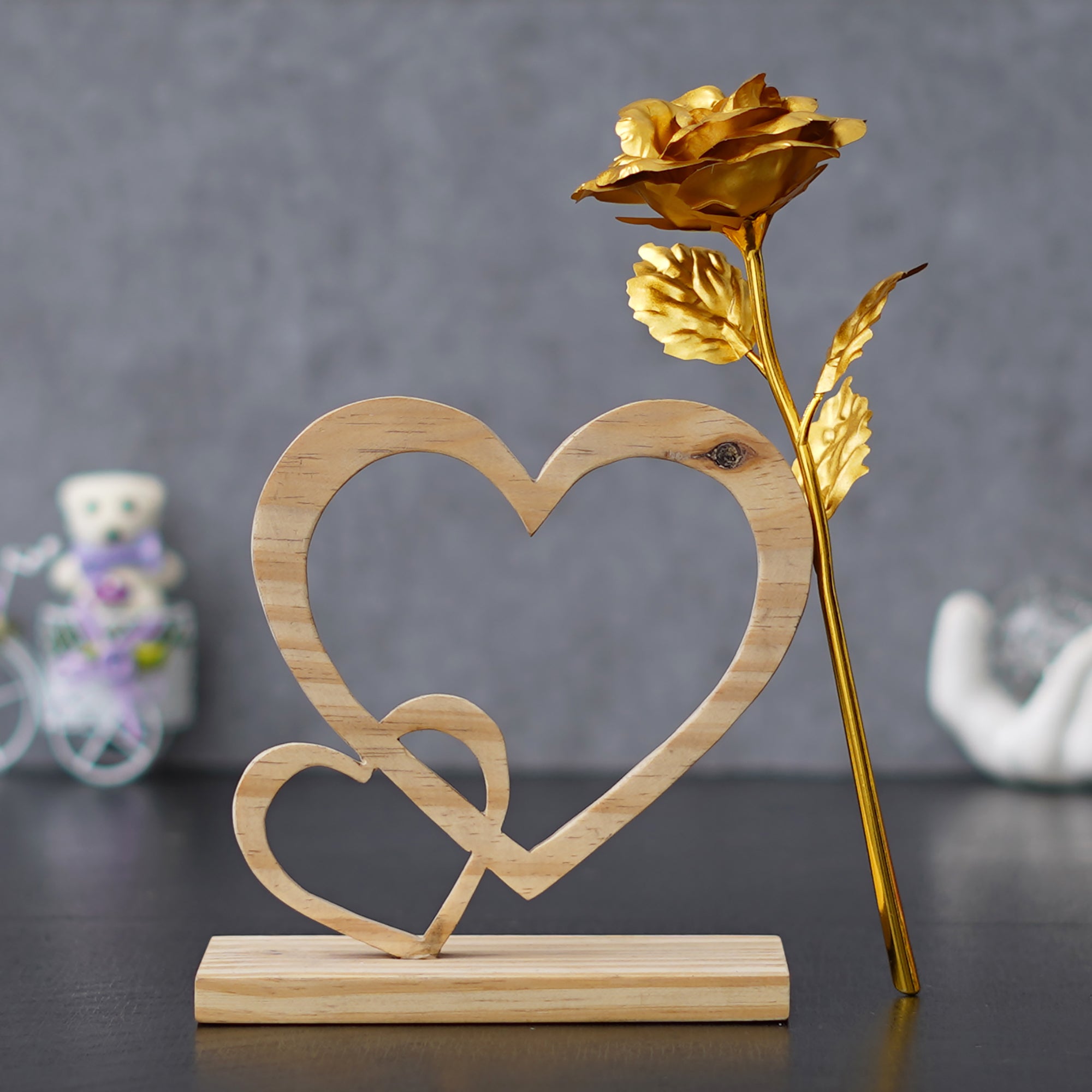 Valentine Combo of Golden Rose Gift Set, 2 Hearts Wooden Brown Showpiece With Stand