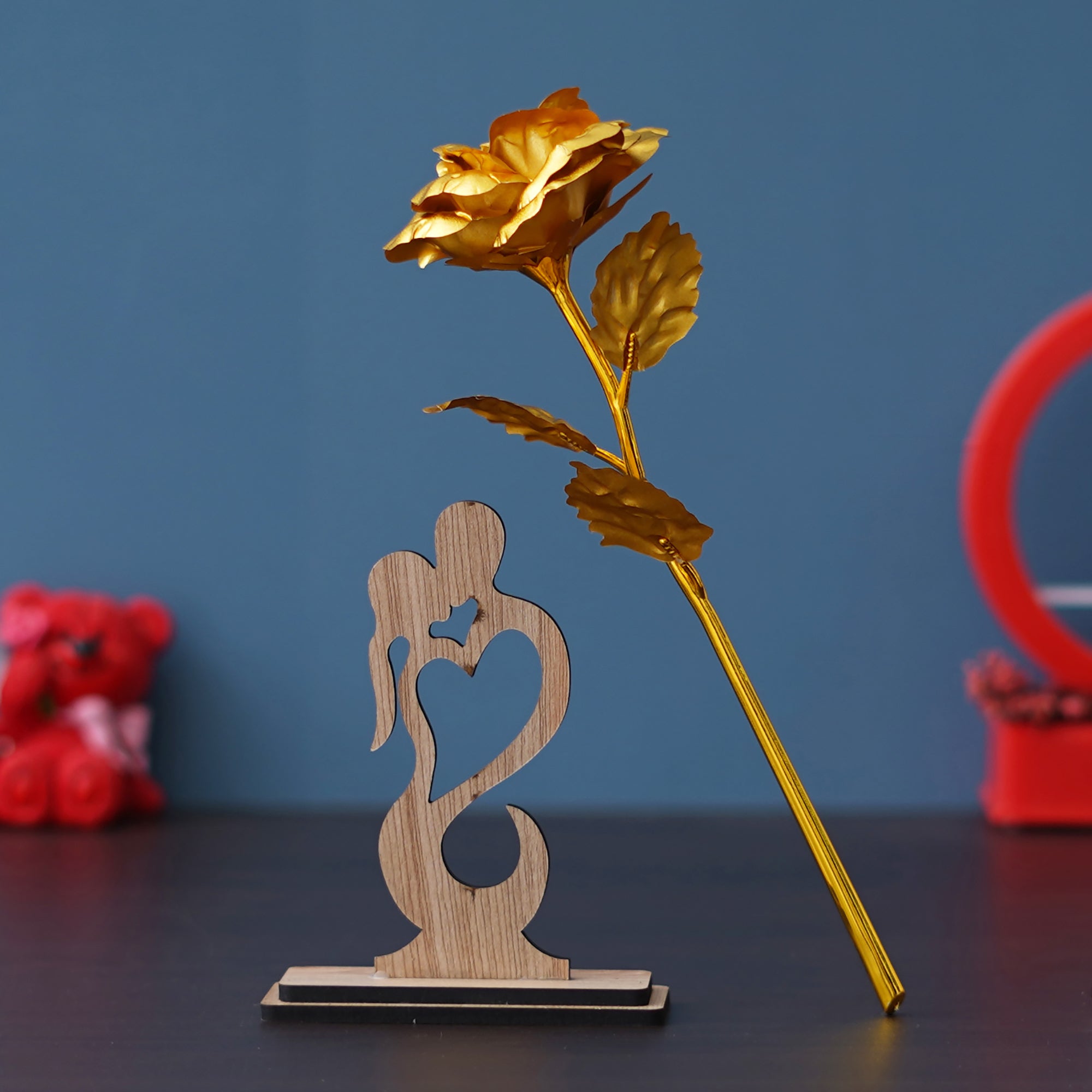 Valentine Combo of Golden Rose Gift Set, Heart Couple Kissing Wooden Brown Showpiece With Stand