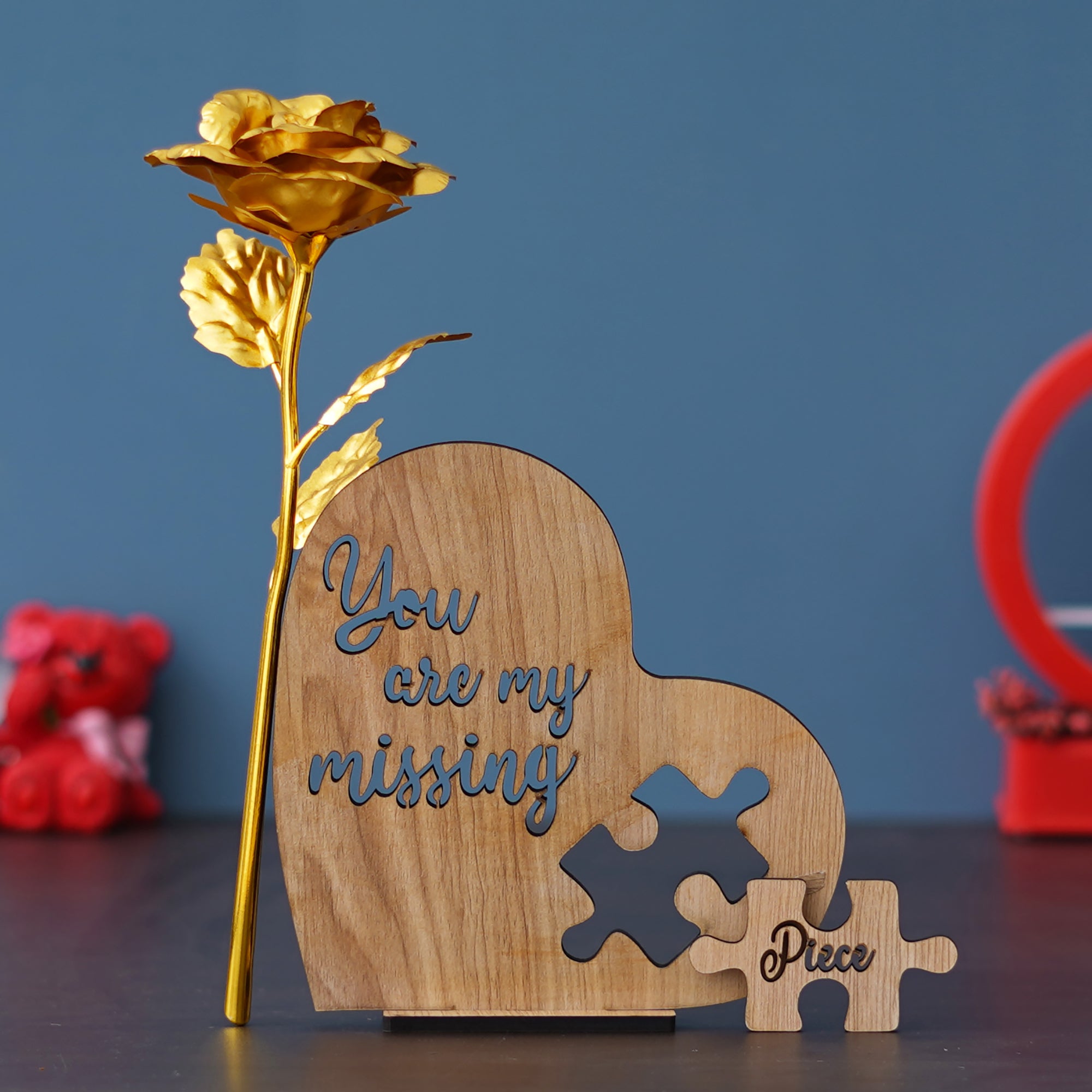Valentine Combo of Golden Rose Gift Set, "You are my missing piece" Wooden Puzzle Brown Showpiece With Stand