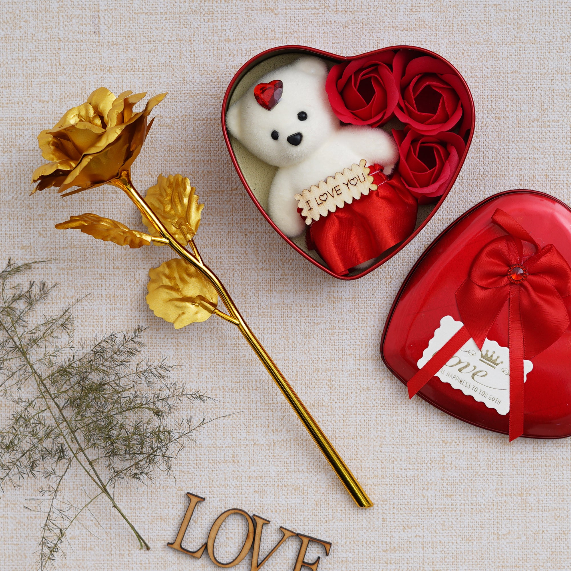 Valentine Combo of Golden Rose Gift Set, Heart Shaped Gift Box Set with White Teddy and Red Roses