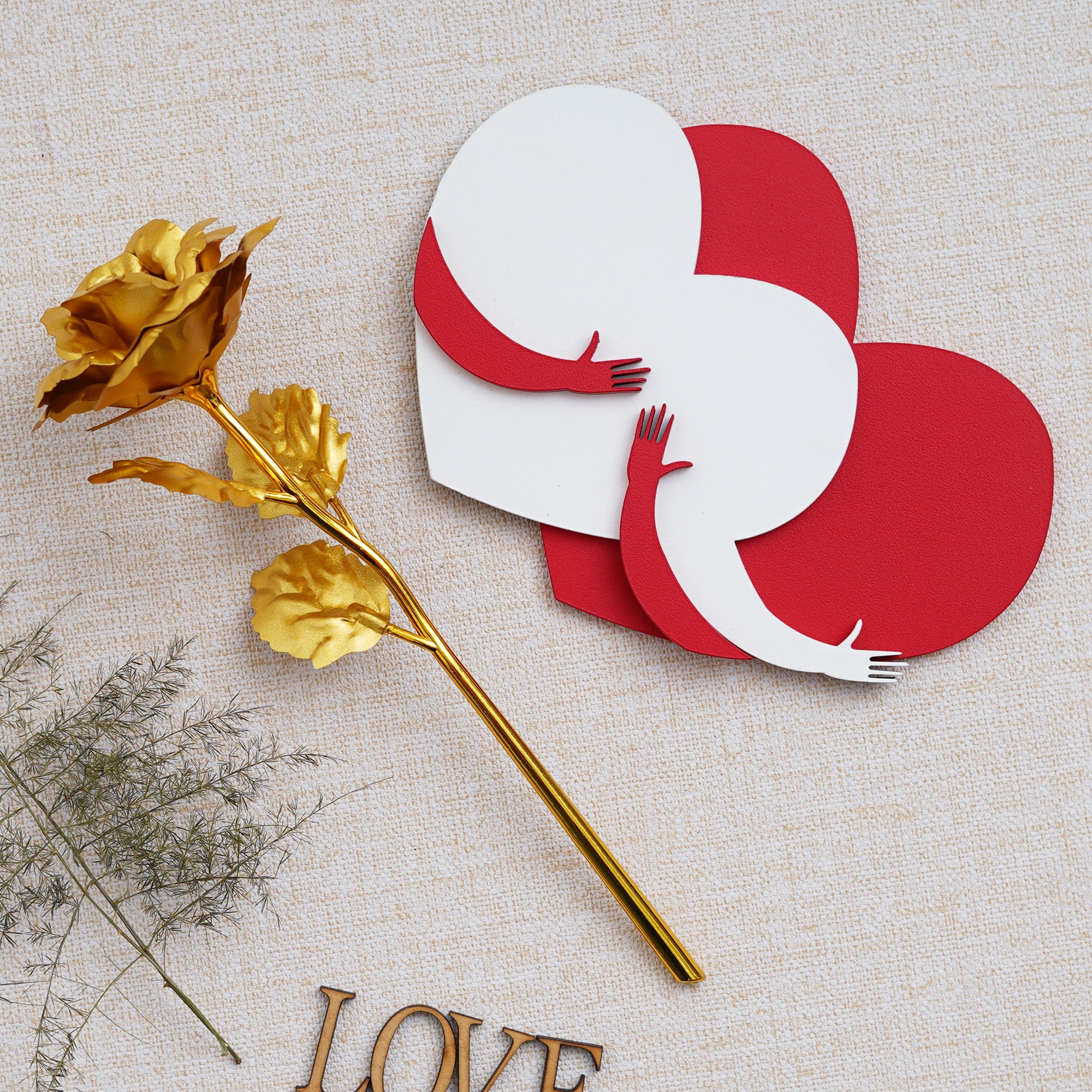 Valentine Combo of Golden Rose Gift Set, Red and White Heart Hugging Each Other Gift Set