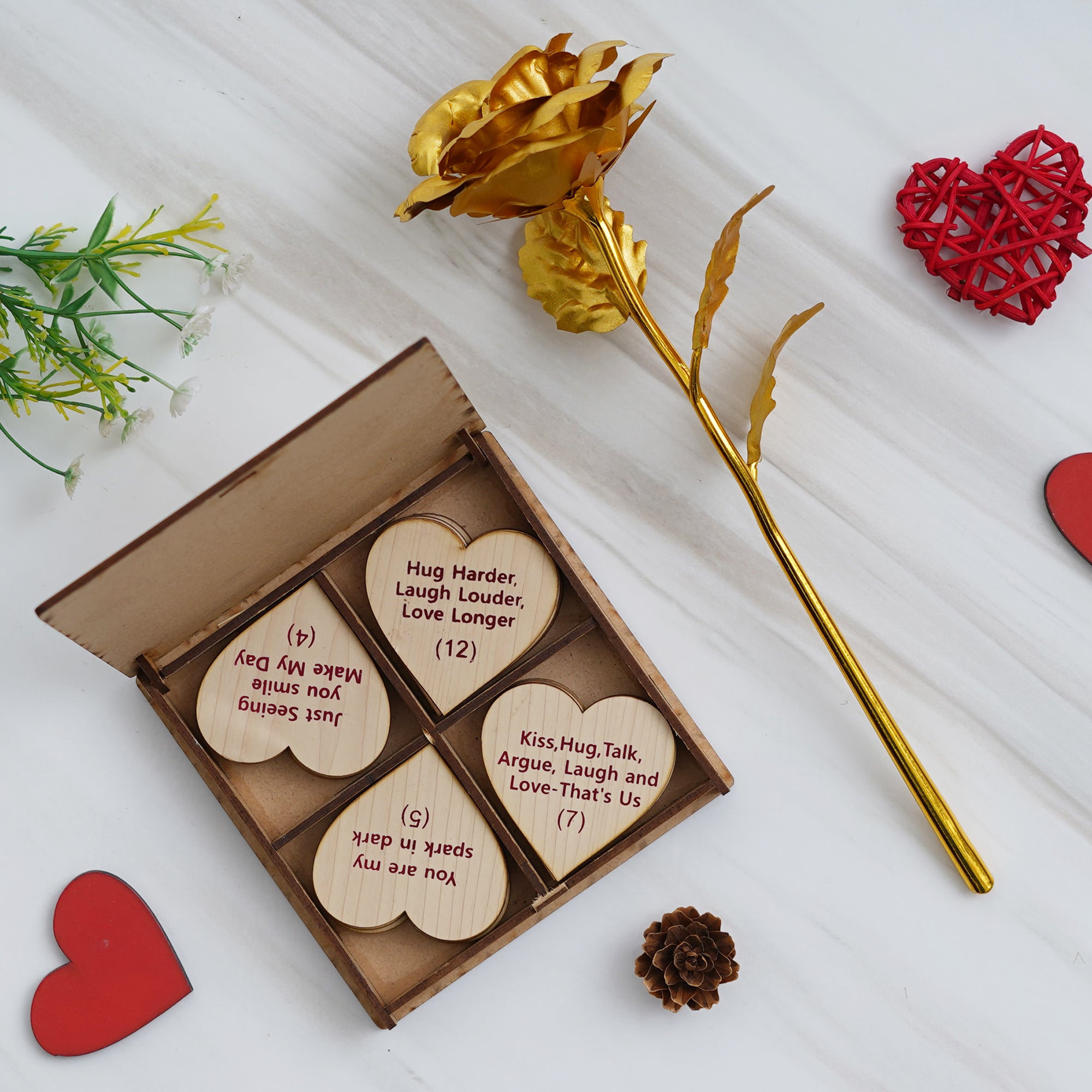 Valentine Combo of Golden Rose Gift Set, "20 Reasons Why I Love You" Printed on Little Hearts Wooden Gift Set