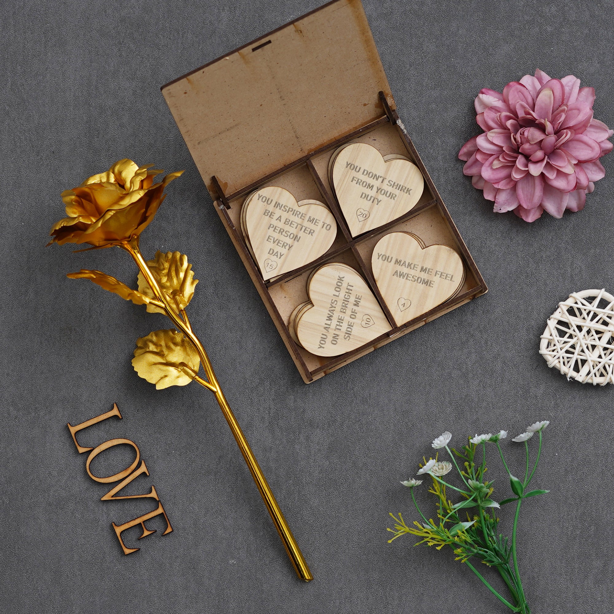 Valentine Combo of Golden Rose Gift Set, "20 Reasons Why I Need You" Printed on Little Hearts Wooden Gift Set