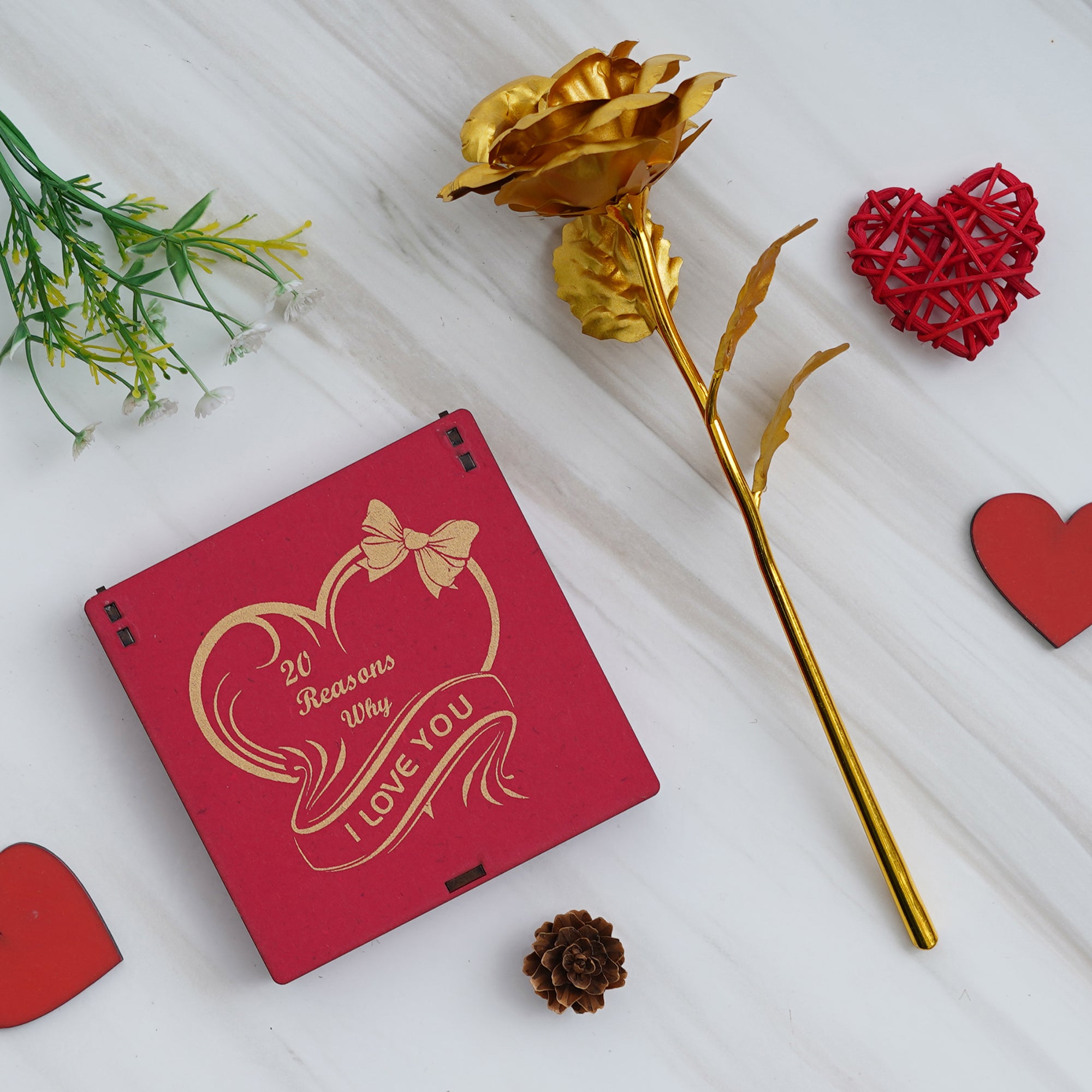 Valentine Combo of Golden Rose Gift Set, "20 Reasons Why I Love You" Printed on Little Red Hearts Decorative Wooden Gift Set Box