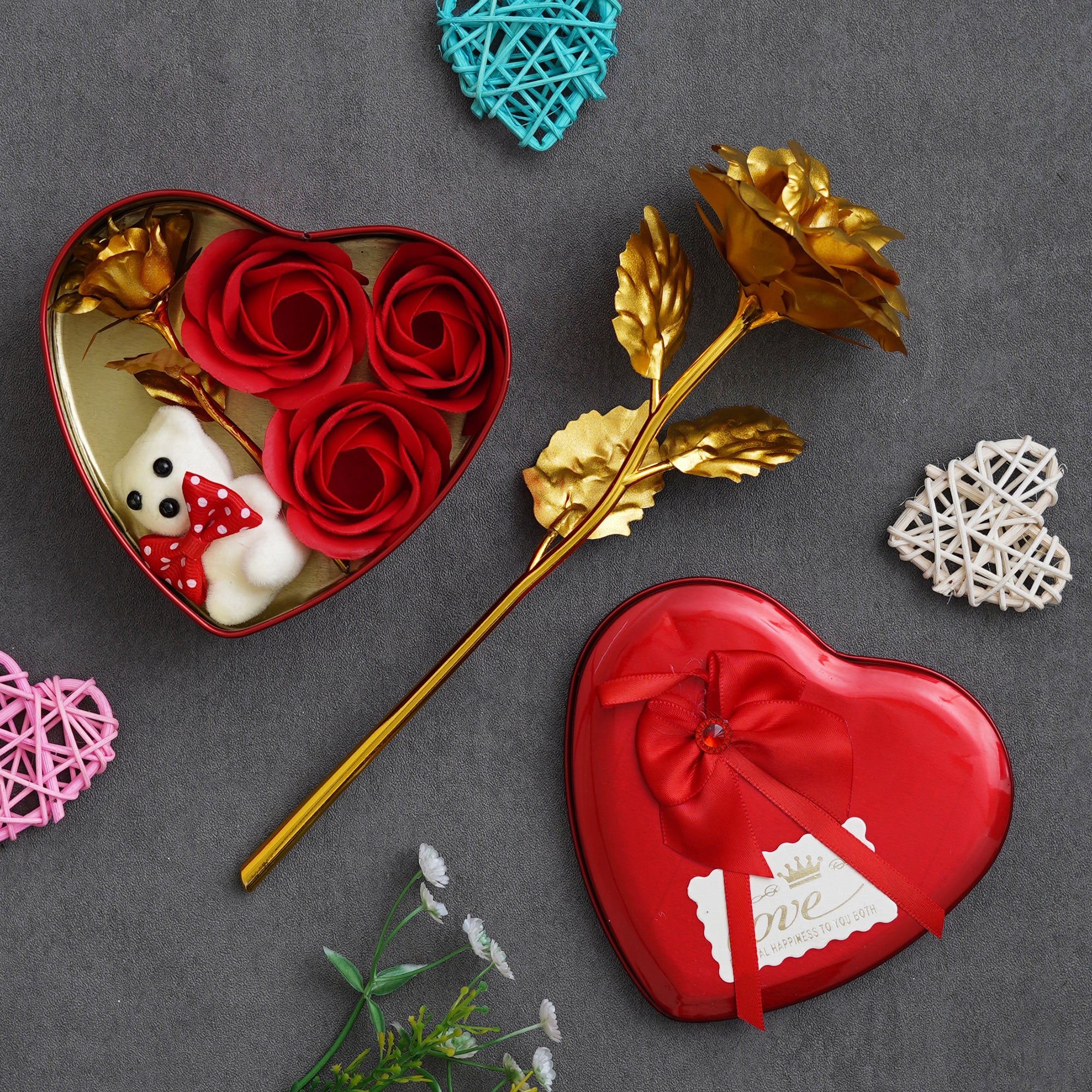 Valentine Combo of Golden Rose Gift Set, Red Heart Shaped Gift Box