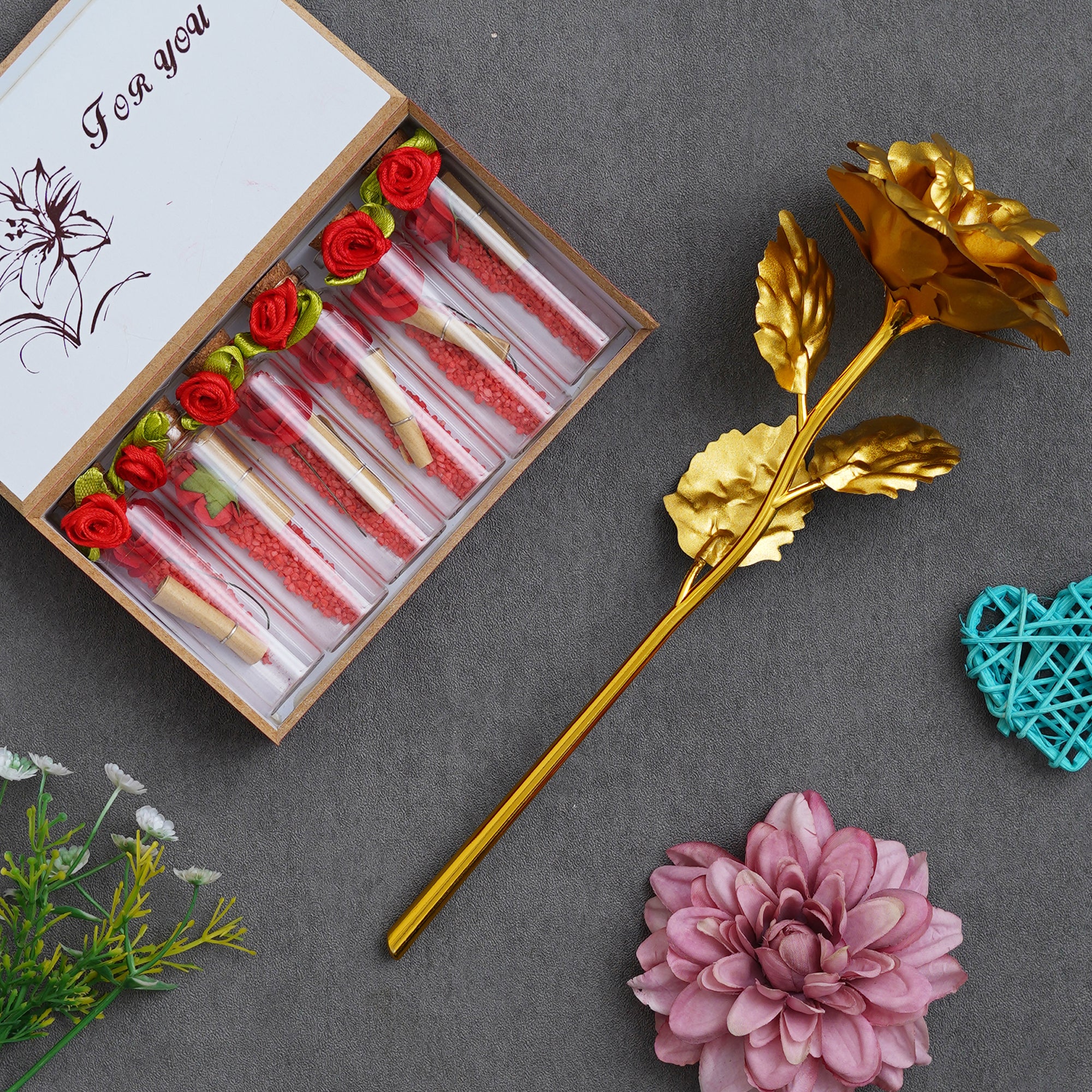 Valentine Combo of Golden Rose Gift Set, Red Message Bottle Wooden Box Set