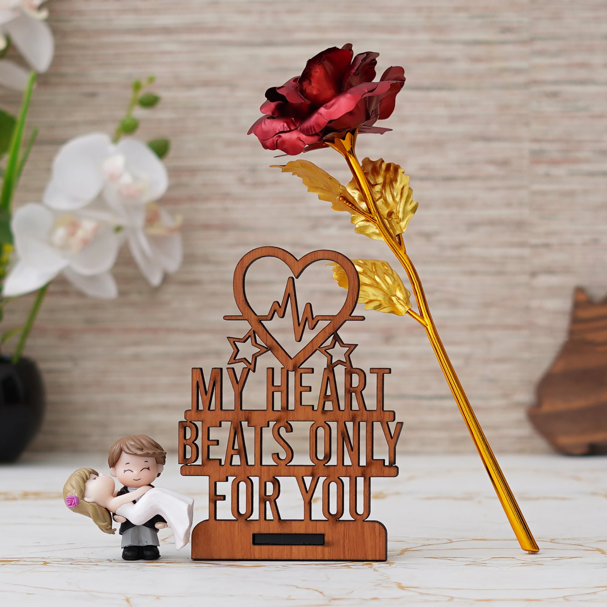 Valentine Combo of Golden Red Rose Gift Set, "My Heart Beats Only For You" Wooden Showpiece With Stand, Bride Kissing Groom Romantic Polyresin Decorative Showpiece