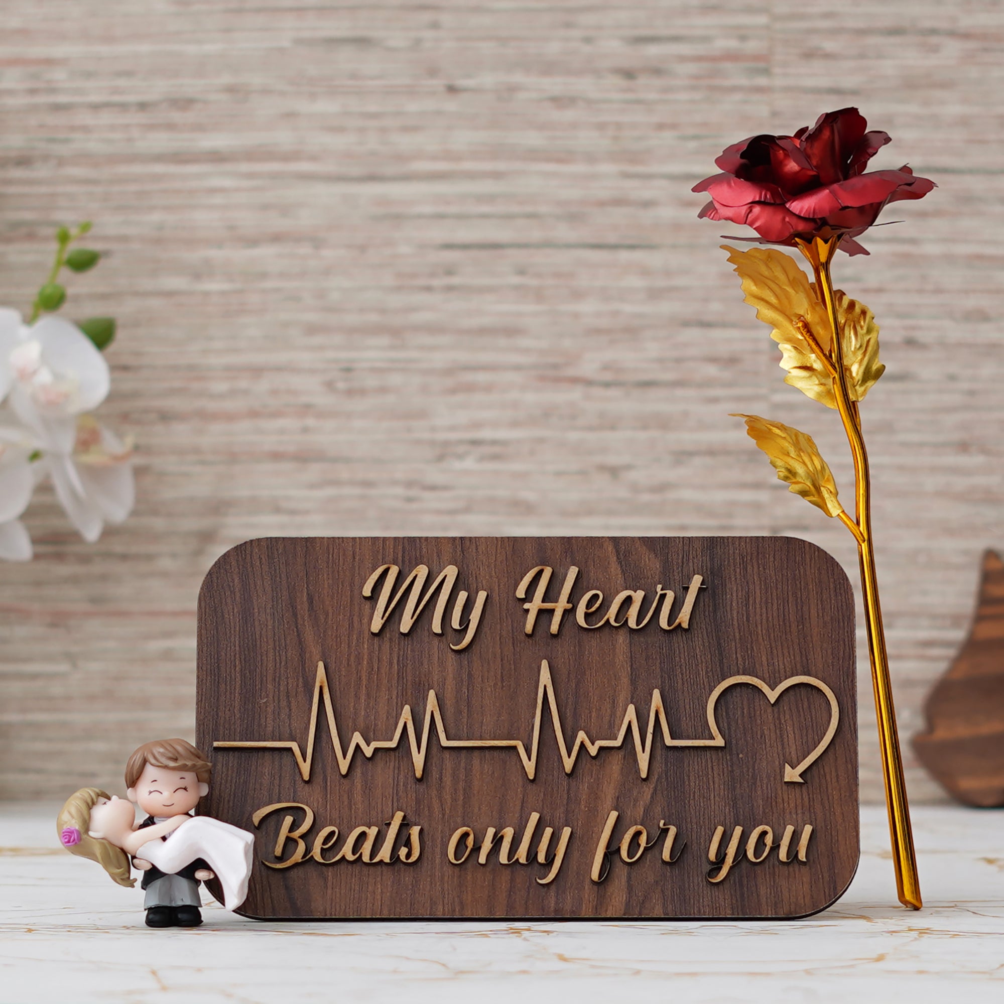 Valentine Combo of Golden Red Rose Gift Set, "My Heart Beats Only For You" Wooden Showpiece With Stand, Bride Kissing Groom Romantic Polyresin Decorative Showpiece