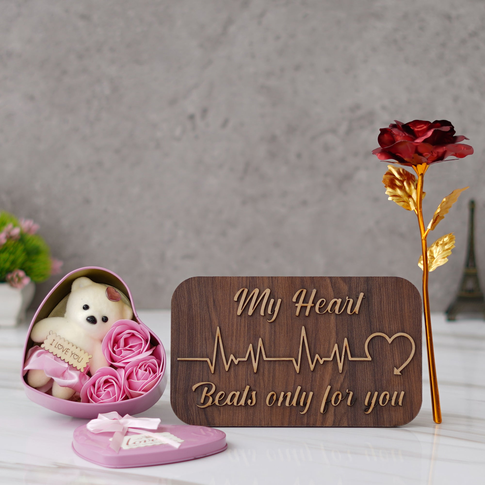 Valentine Combo of Golden Red Rose Gift Set, "My Heart Beats Only For You" Wooden Showpiece With Stand, Pink Heart Shaped Gift Box with Teddy and Roses