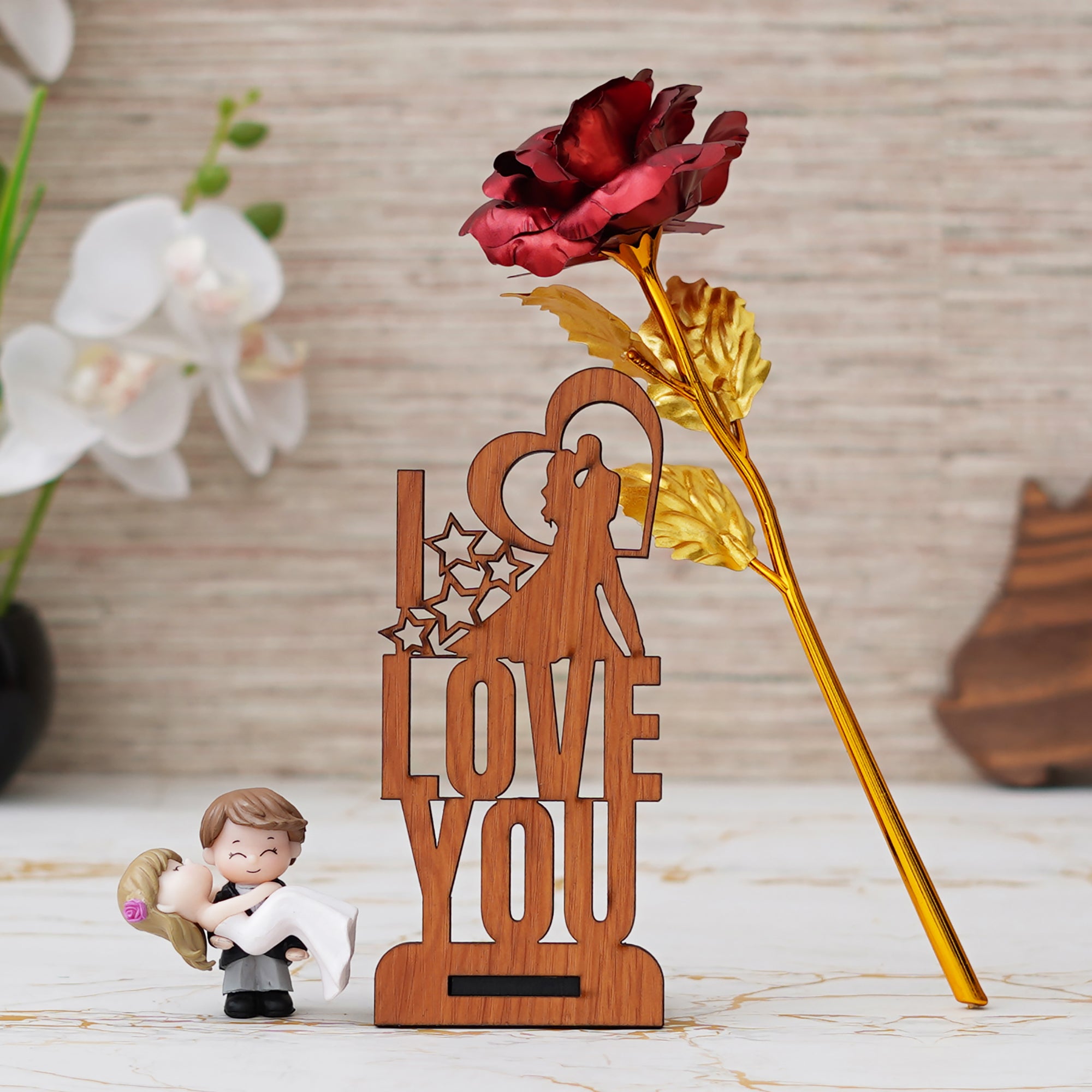 Valentine Combo of Golden Red Rose Gift Set, "Love You" Wooden Showpiece With Stand, Bride Kissing Groom Romantic Polyresin Decorative Showpiece