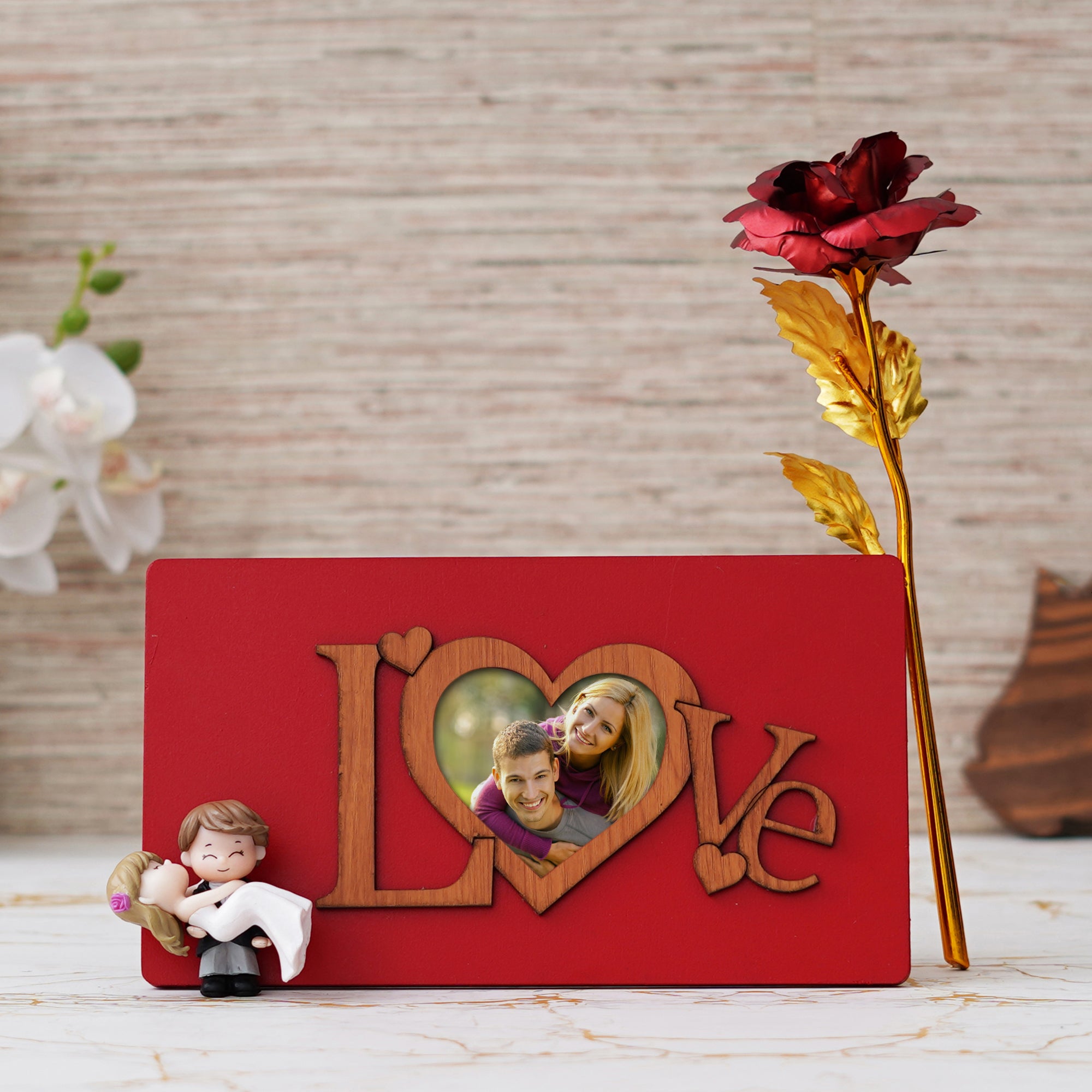 Valentine Combo of Golden Red Rose Gift Set, "Love" Wooden Photo Frame With Red Stand, Bride Kissing Groom Romantic Polyresin Decorative Showpiece