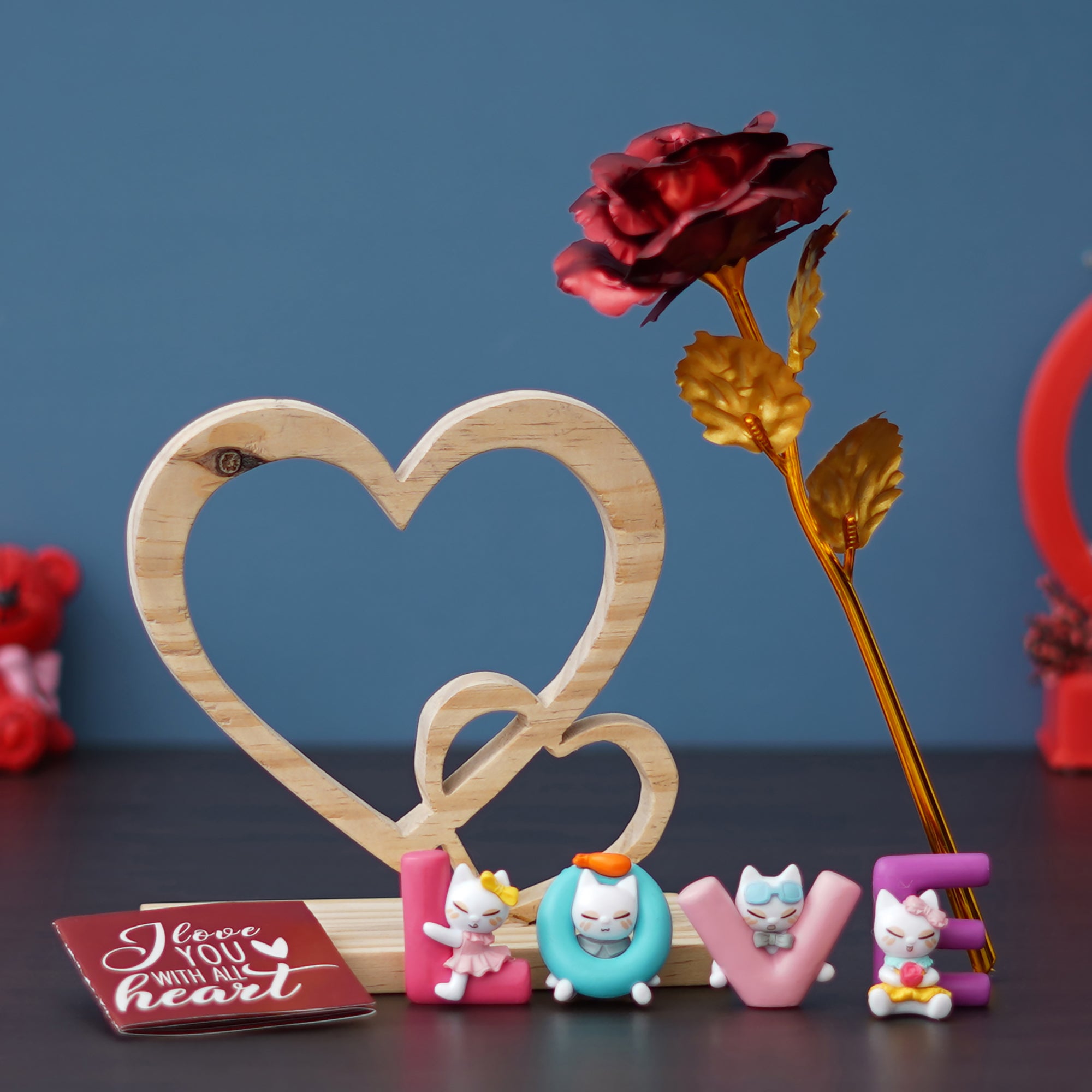 Valentine Combo of Golden Red Rose Gift Set, 2 Hearts Wooden Brown Showpiece With Stand, "Love" Animated Characters Showpiece