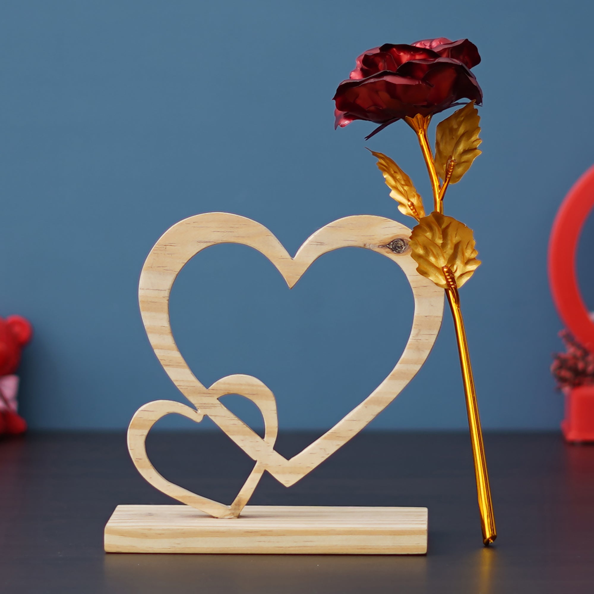 Valentine Combo of Golden Red Rose Gift Set, 2 Hearts Wooden Brown Showpiece With Stand